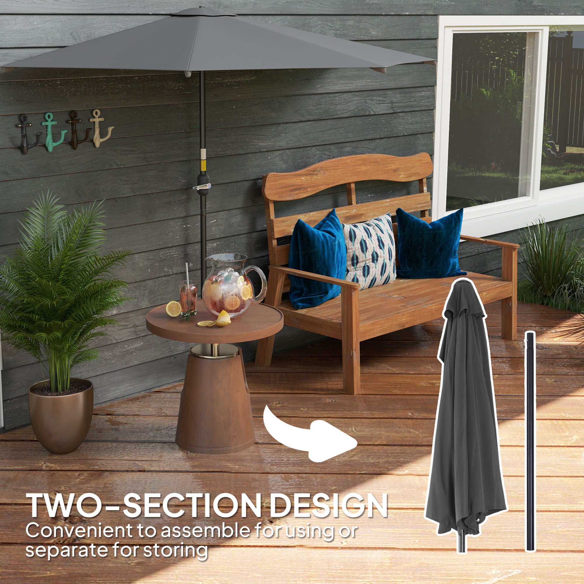 Outsunny 3(m) Half Parasol, Semi Round Umbrella with Metal Frame, Crank Handle for Balcony, Garden, Dark Grey - North Peak Garden Furniture