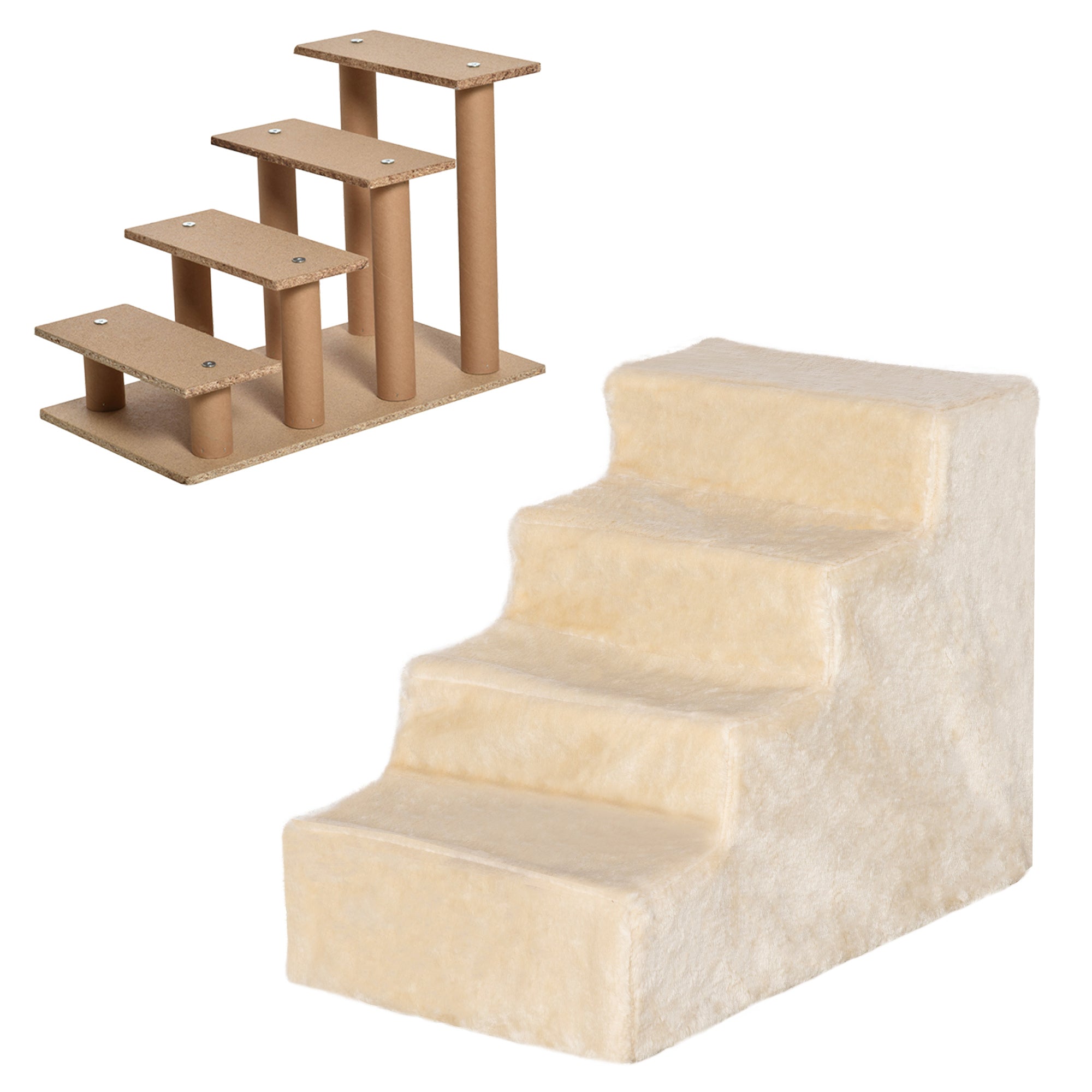 PawHut Four-Step Dog Stairs, with Washable Plush Cover, for High Bed Sofa, Dog Stairs for Small Dog and Cat - Beige - North Peak Garden Furniture