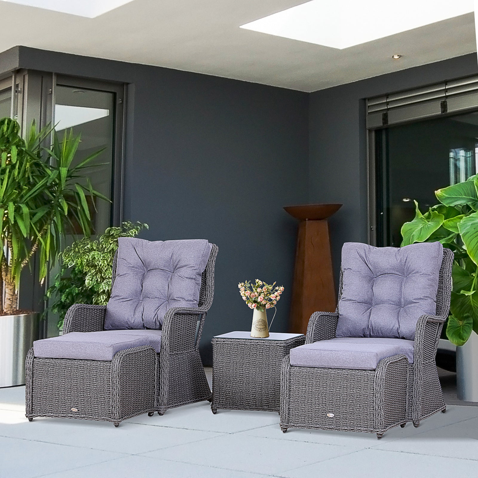 Outsunny 5PCS Deluxe Garden Rattan Furniture Sofa Chair & Stool Table Set Patio Wicker Weave Furniture Set Aluminium Frame Fully-assembly - Grey - North Peak Garden Furniture