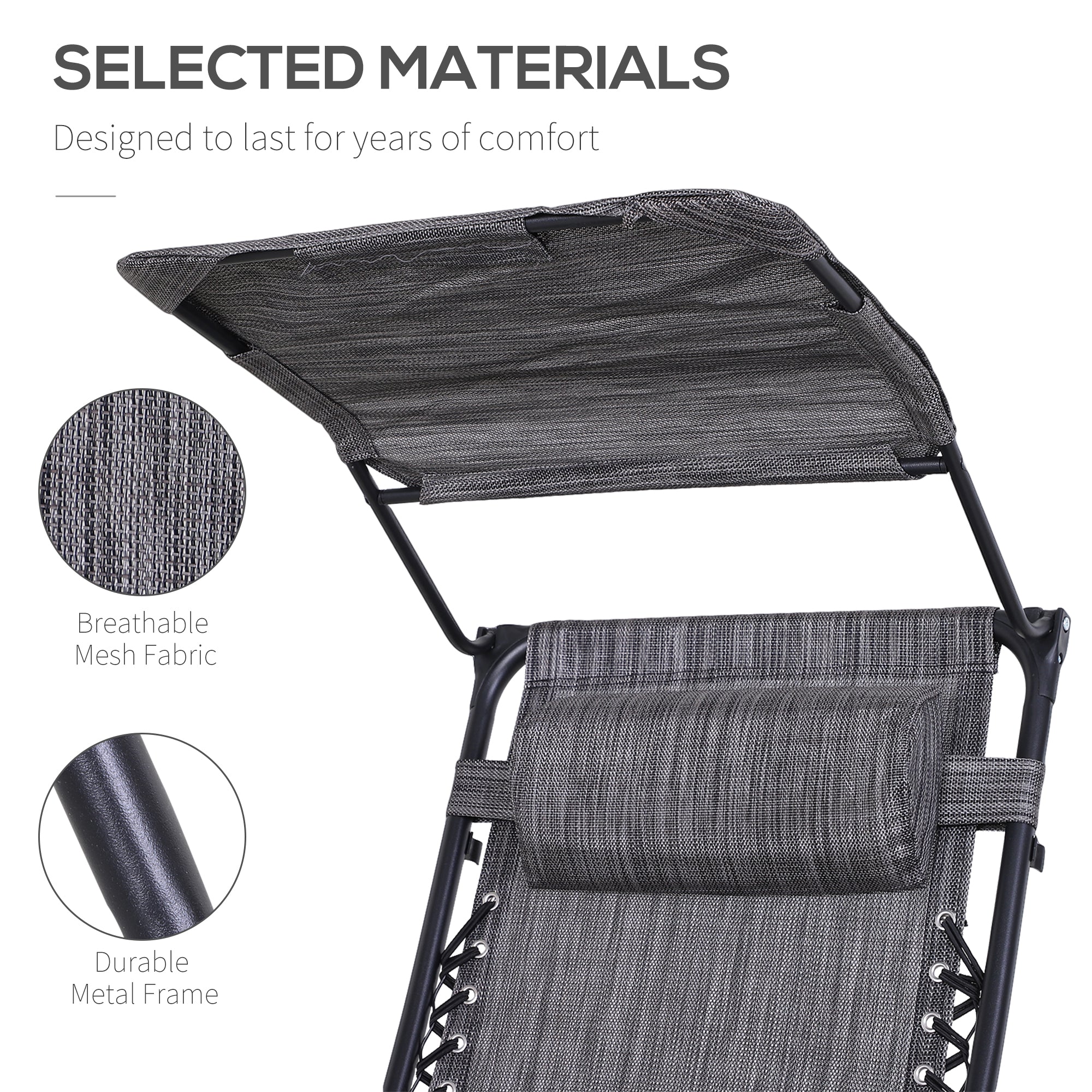 Outsunny Foldable Reclining Garden Chair with Headrest, Zero Gravity Deck Sun Lounger Seat Chair with Footrest, Armrest, Cup Holder & Canopy Shade, Grey - North Peak Garden Furniture