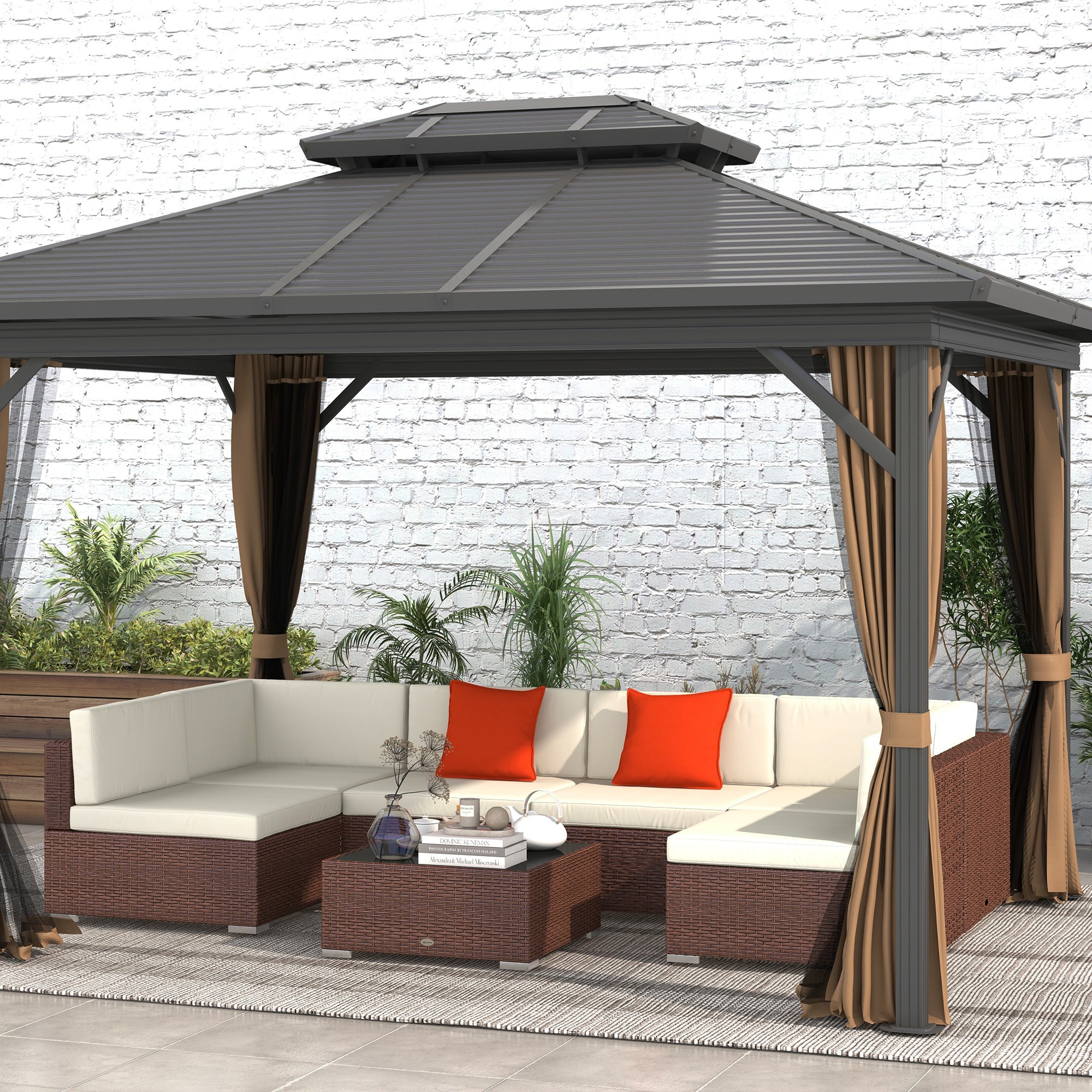 Outsunny Seven-Piece Rattan Garden Set, with Glass-Top Table - Brown/Beige - North Peak Garden Furniture