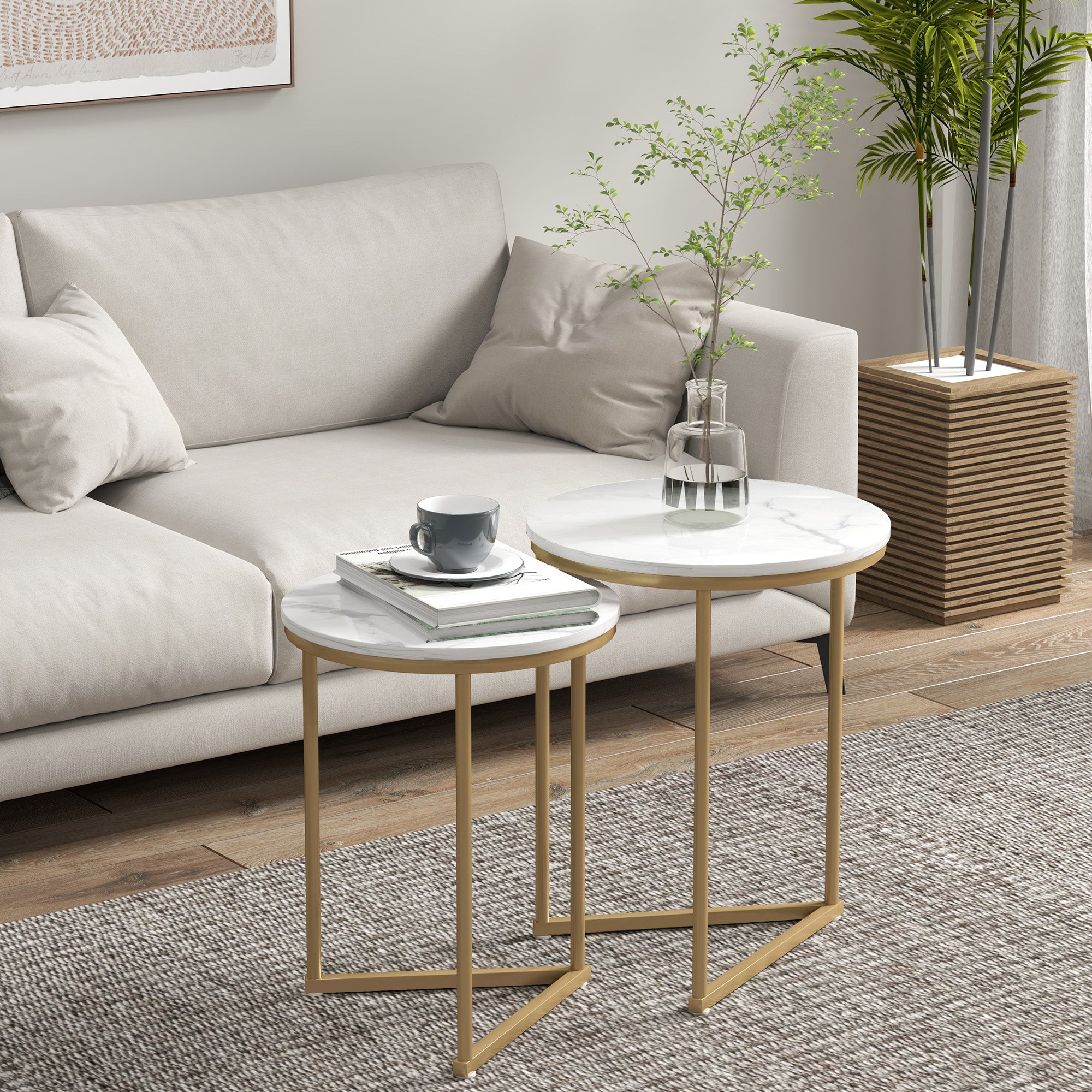 HOMCOM Set of Two Marble-Effect Nest of Tables - White/Gold-Tone - North Peak Garden Furniture