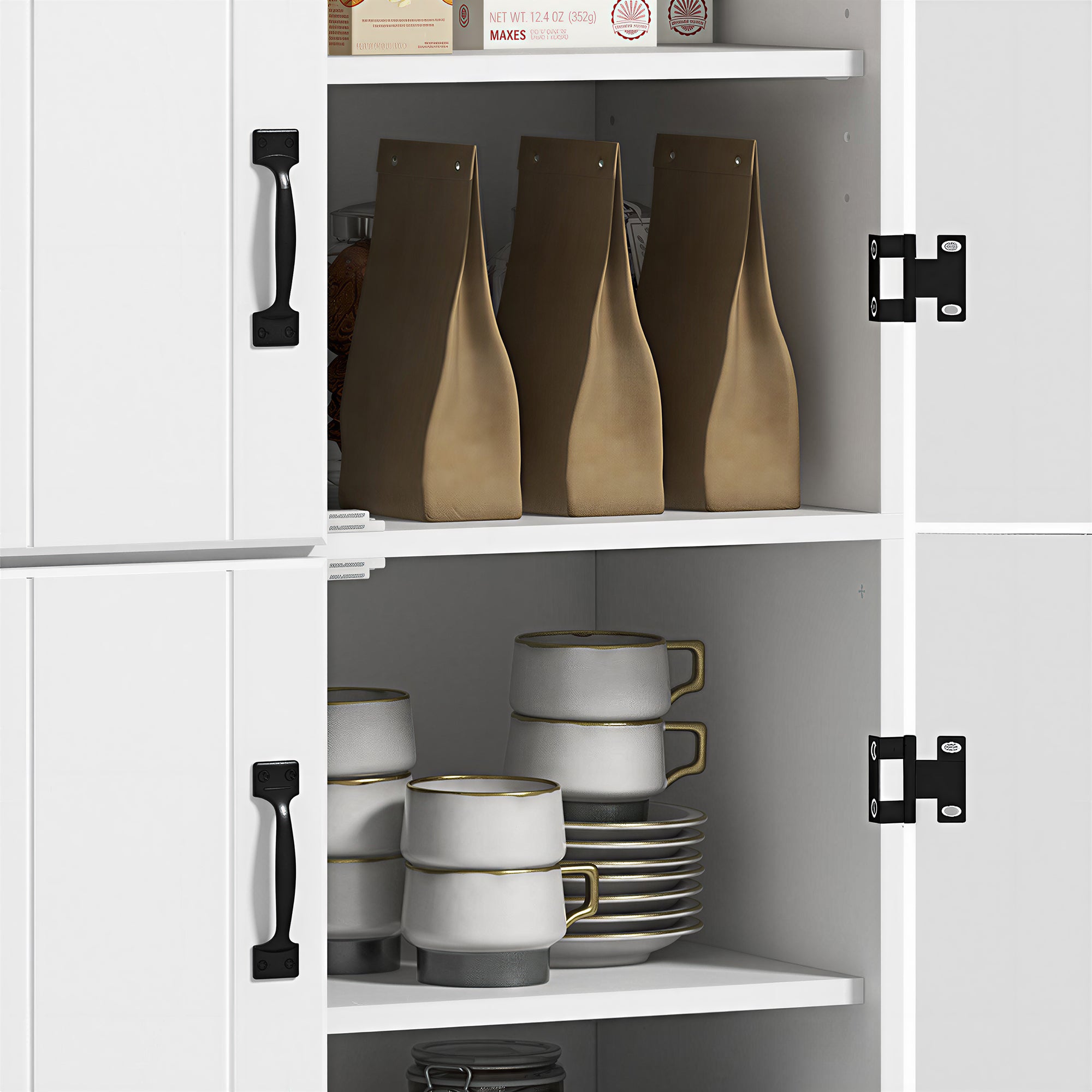 HOMCOM 4-Door Tall Kitchen Cupboard, Freestanding 6-Tier Storage Cabinet with 2 Adjustable Shelves for Living Room, Dining Room, White