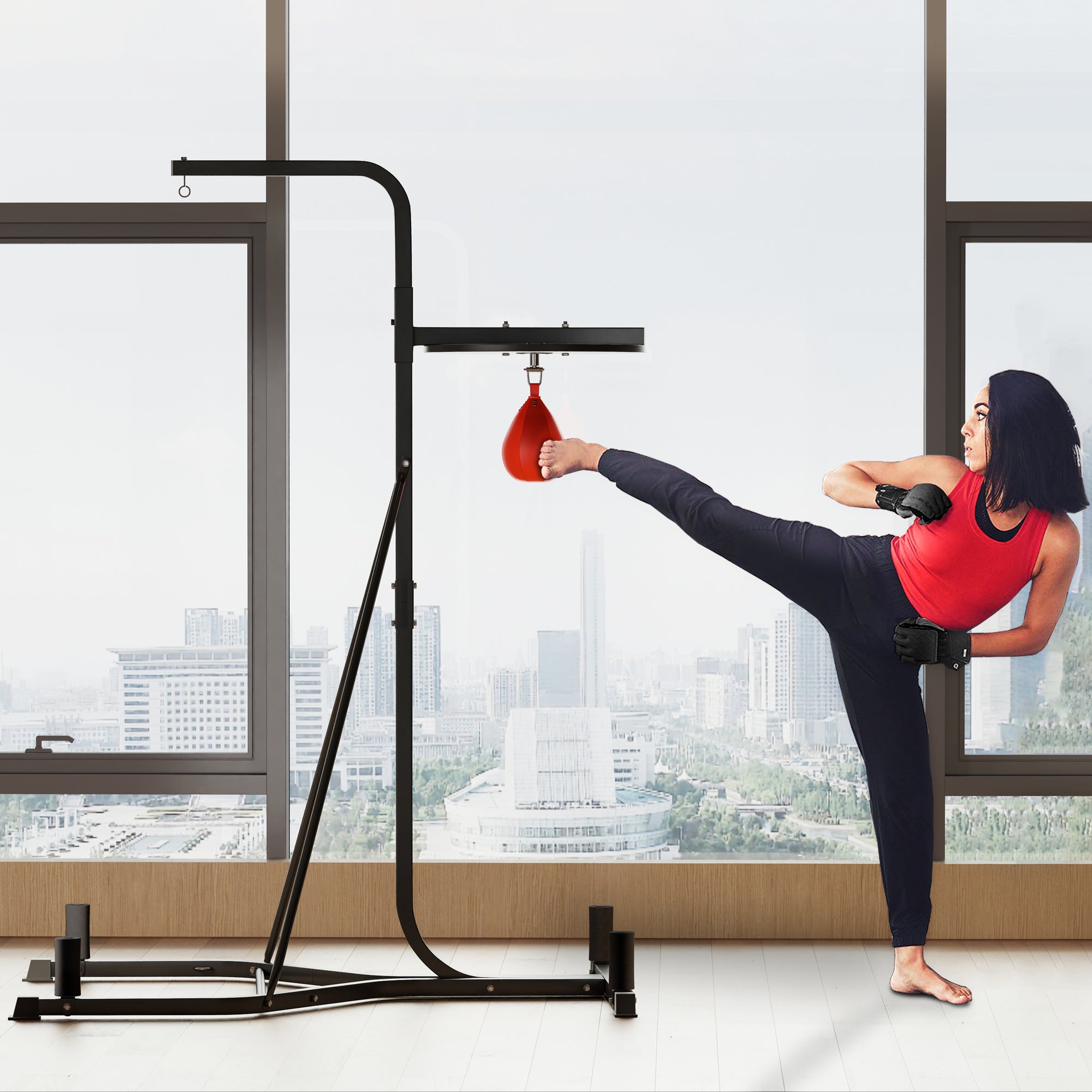 HOMCOM 170-190cm Freestanding Boxing Punch Bag Hanger & Speed Ball Station Platform Hanging Frame Home Gym, Black - North Peak Garden Furniture