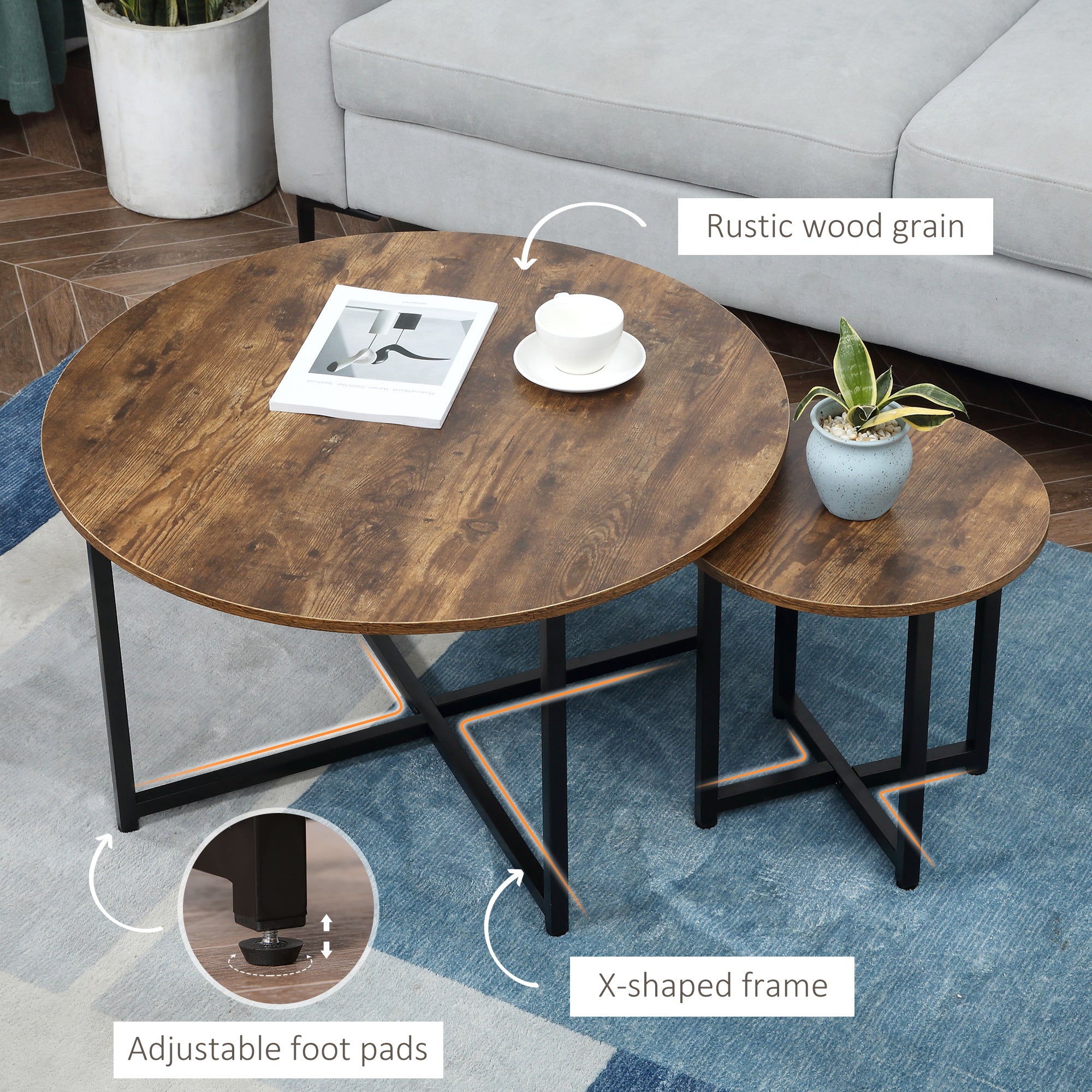 HOMCOM Round Coffee Table, Set of 2 Side Table with Metal Frame, Industrial End Table for Living Room Bedroom, Rustic Brown - North Peak Garden Furniture