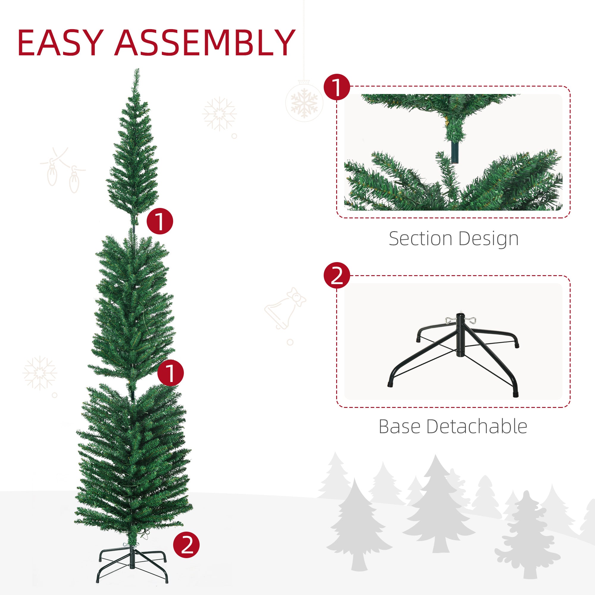 HOMCOM 7.5' Artificial Prelit Christmas Trees Holiday Décor with Colourful LED Lights, Pencil Shape, Steel Base - North Peak Garden Furniture