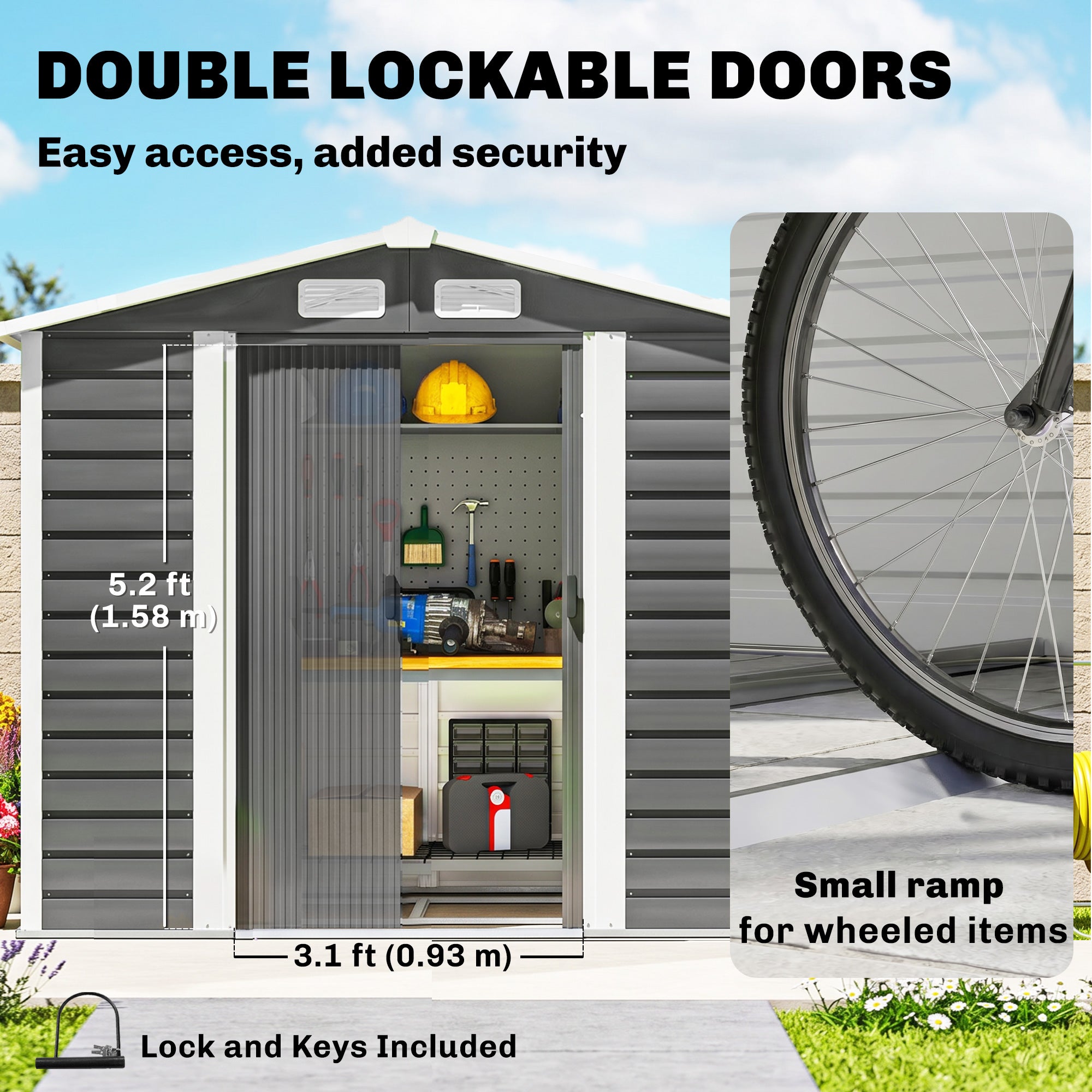 Outsunny 7 x 4ft Garden Shed, Easy to Assemble, Upgraded Galvanised Steel Frame with Foundation Kit, Double Doors with Lock, Outdoor Metal Shed with Vents and Gloves, Garden Storage Shed, Dark Grey