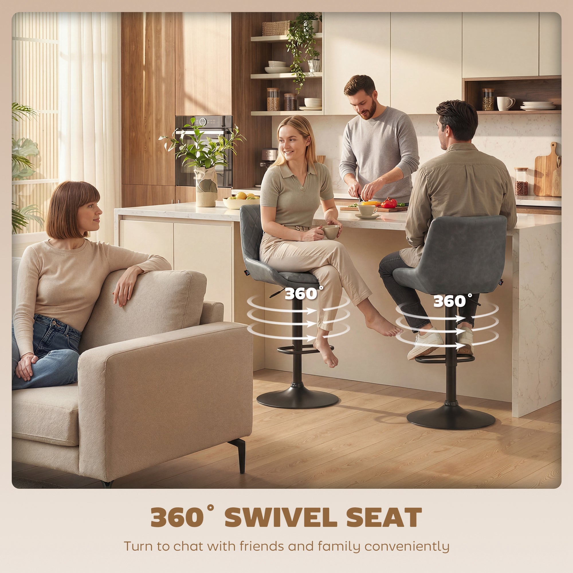 HOMCOM Retro Bar Stools Set of 2, Adjustable Kitchen Stool, Upholstered Bar Chairs with Back, Swivel Seat, Dark Grey