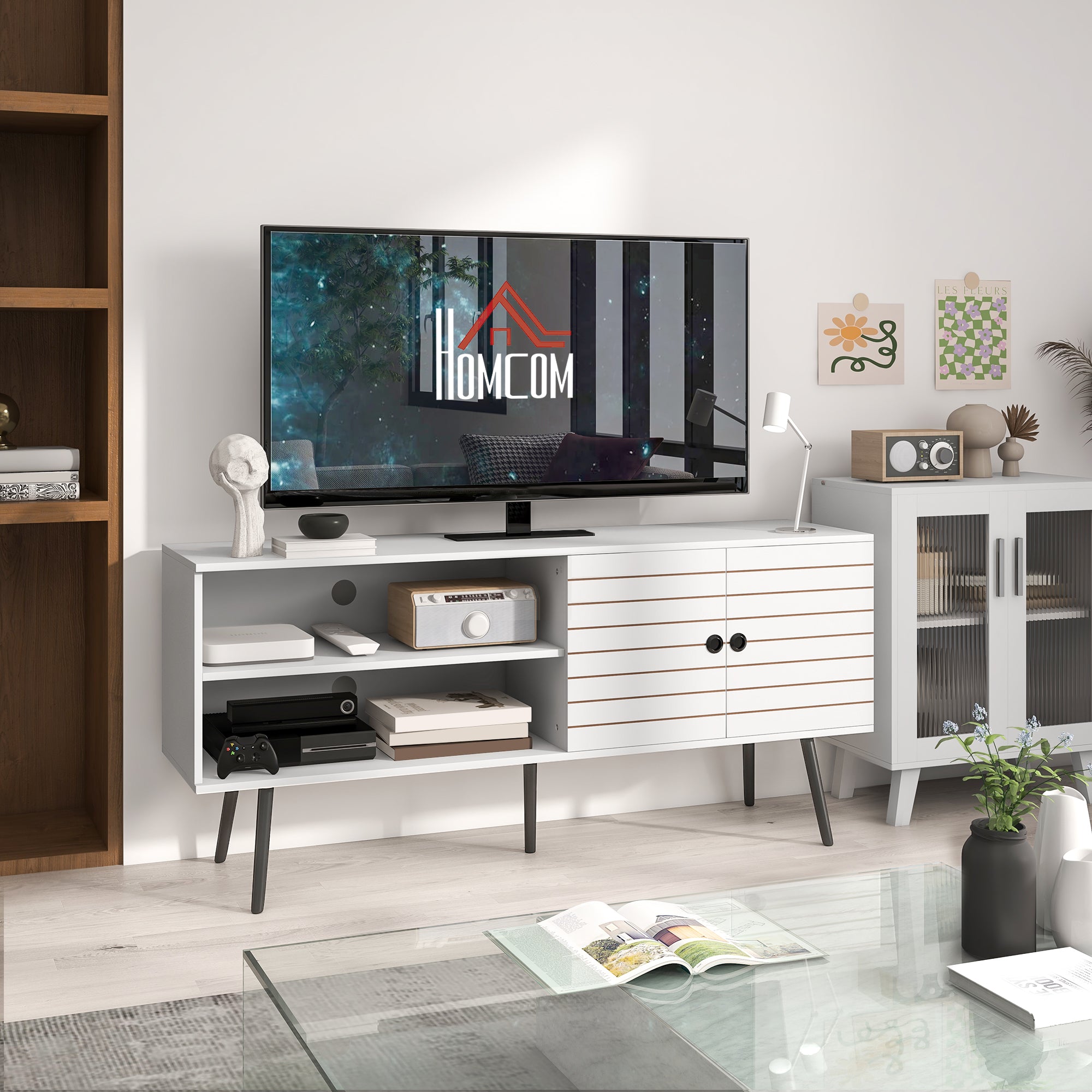 HOMCOM Duo Storage TV Unit, with Striped Door - White