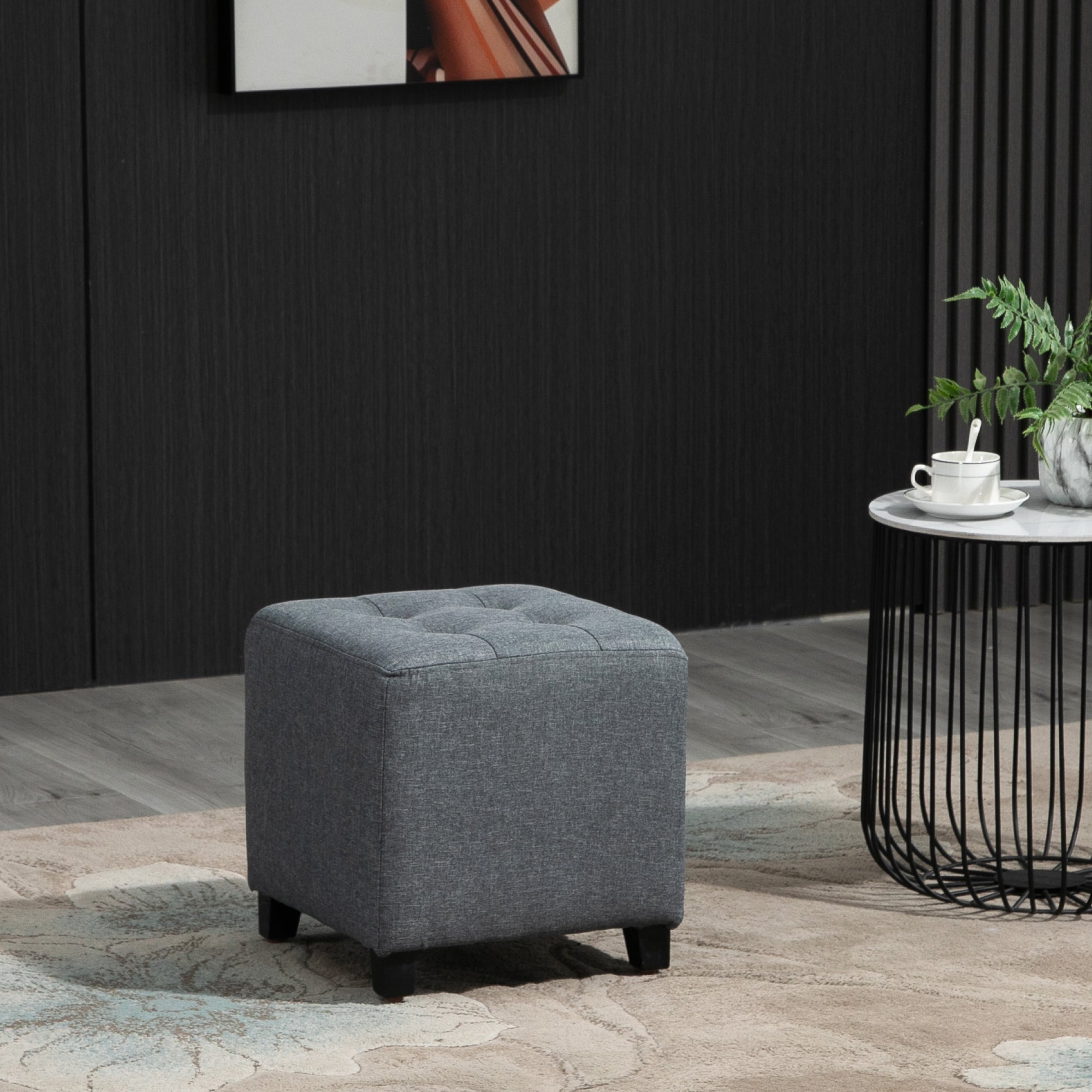 HOMCOM Linen-Look Square Ottoman Footstool w/ Button Tufts Wood Frame Padding Fabric Upholstered Stylish Home Furniture Footrest Side Table Grey - North Peak Garden Furniture
