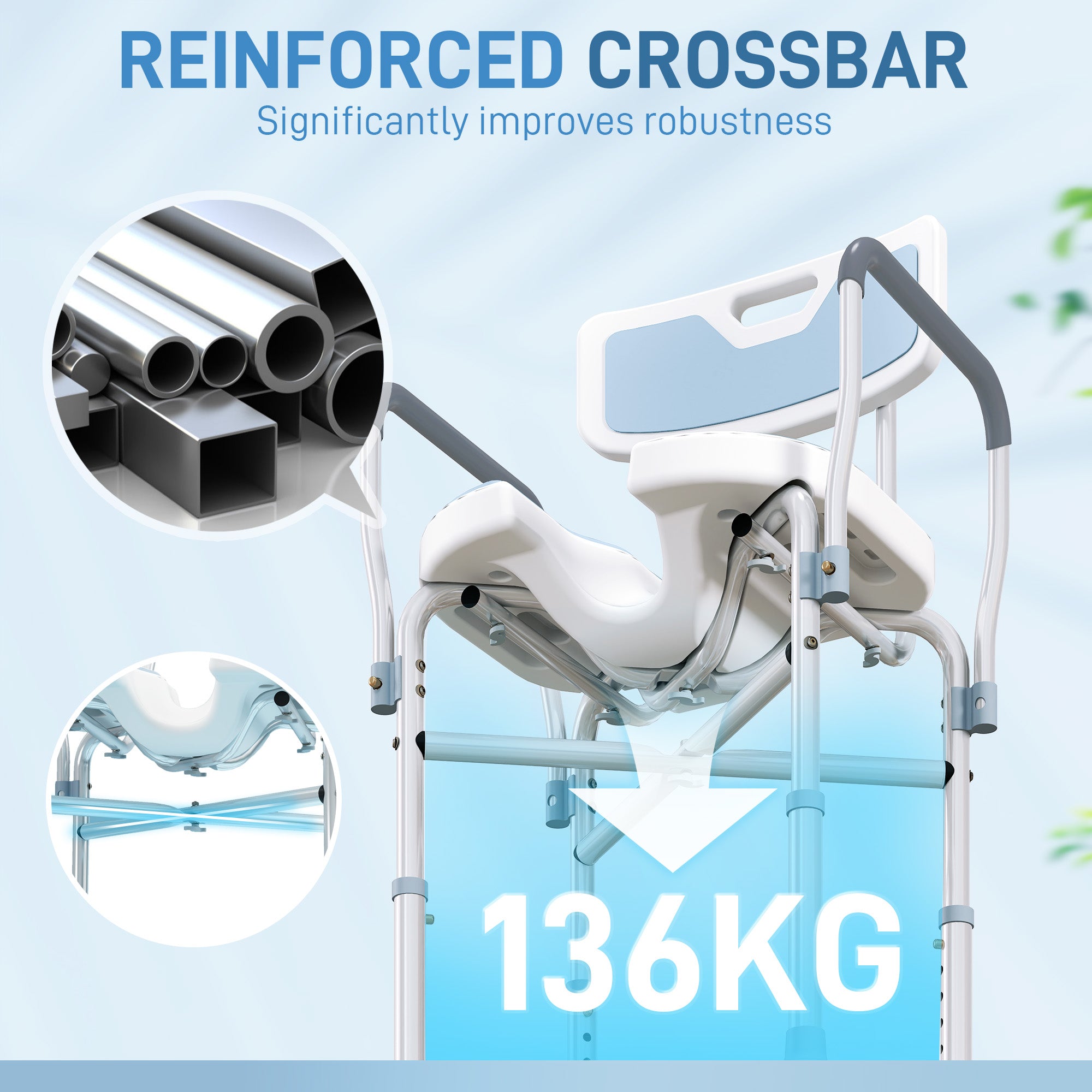 HOMCOM Aluminium Shower Chair, with Padded Seat - Light Blue - North Peak Garden Furniture