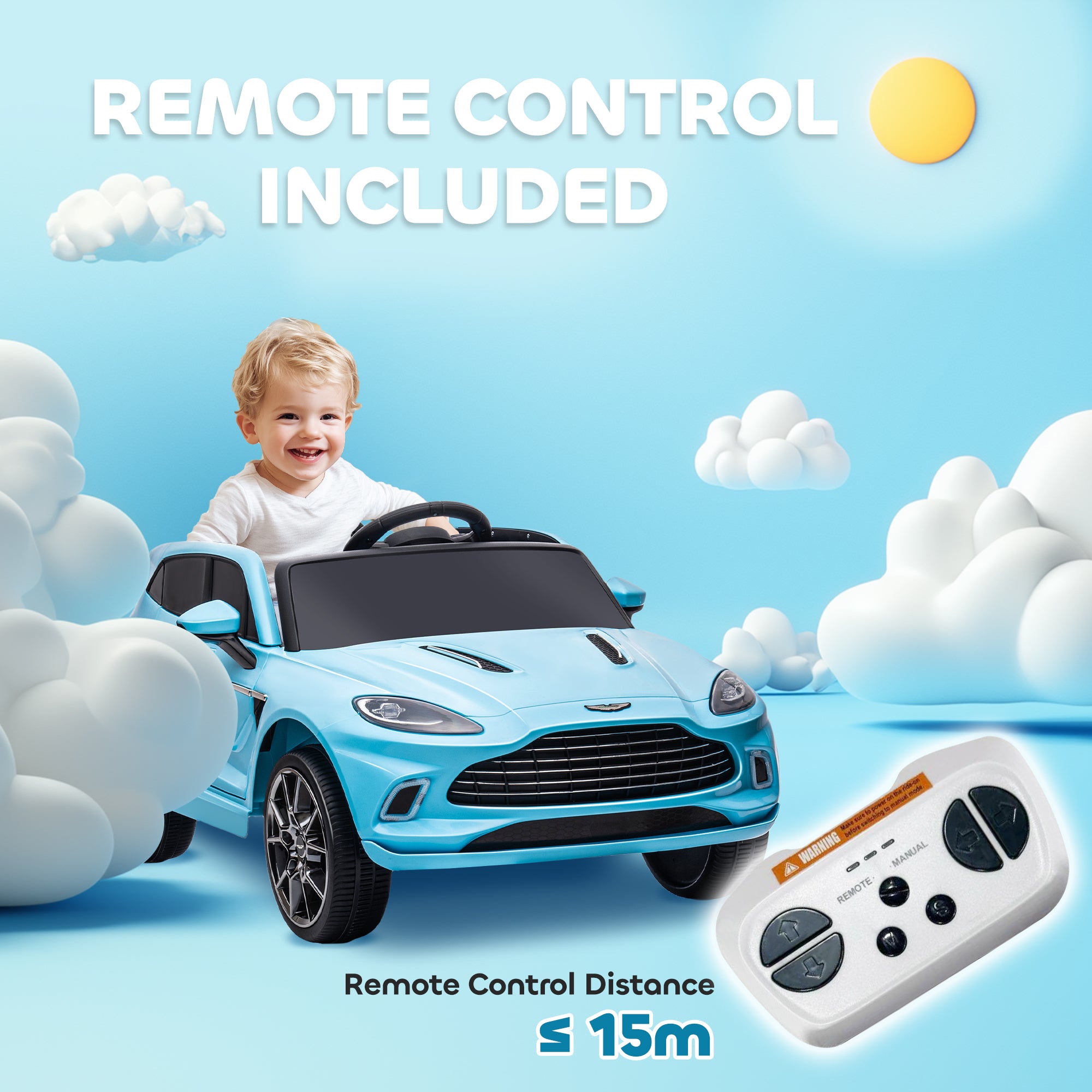 AIYAPLAY Aston Martin DBX Licensed Battery Powered Kids Electric Car, 12V Kids Ride on Car w/ Lights, Music Horn, Blue - North Peak Garden Furniture