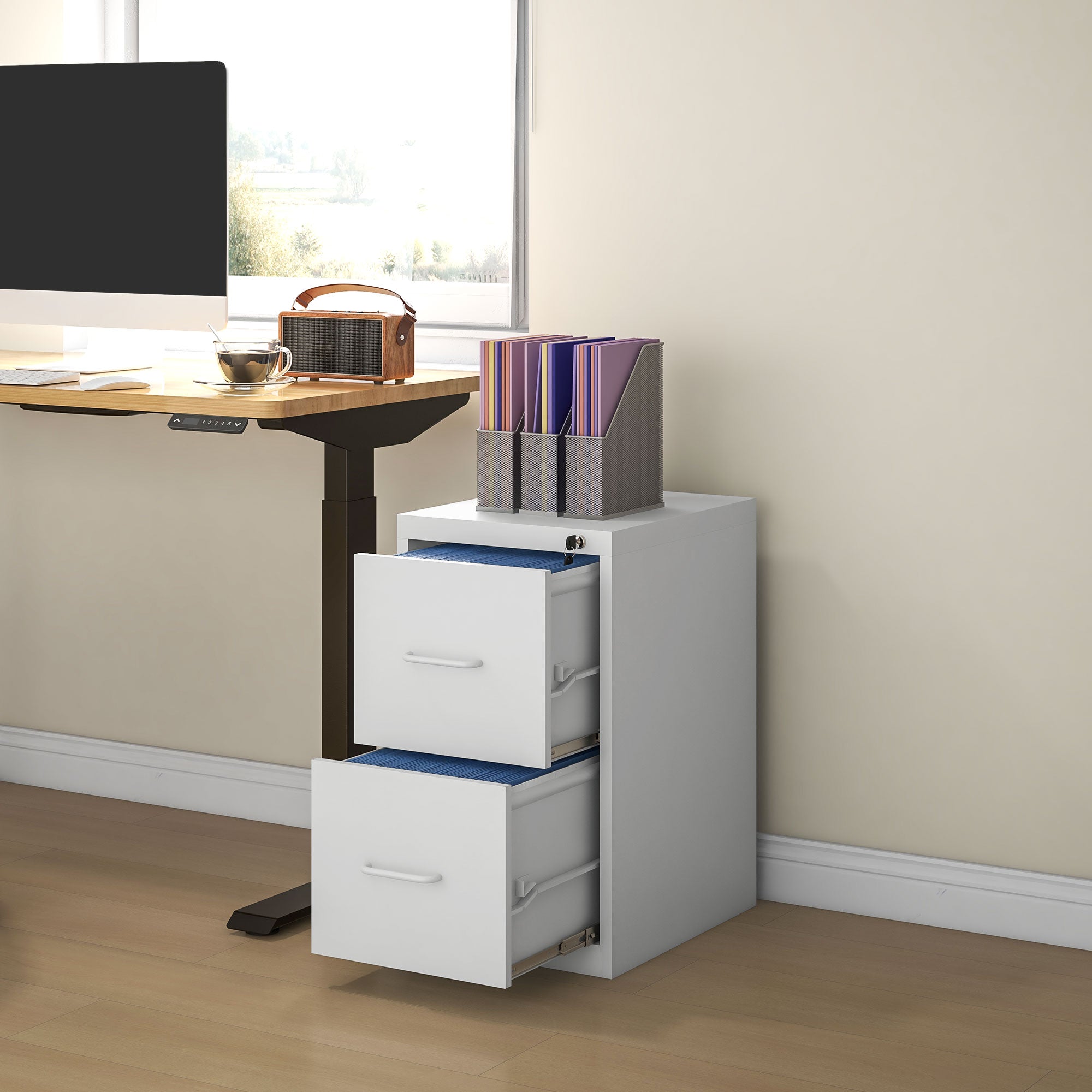 HOMCOM Two-Drawer Modern Steel Filing Cabinet - Cream - North Peak Garden Furniture