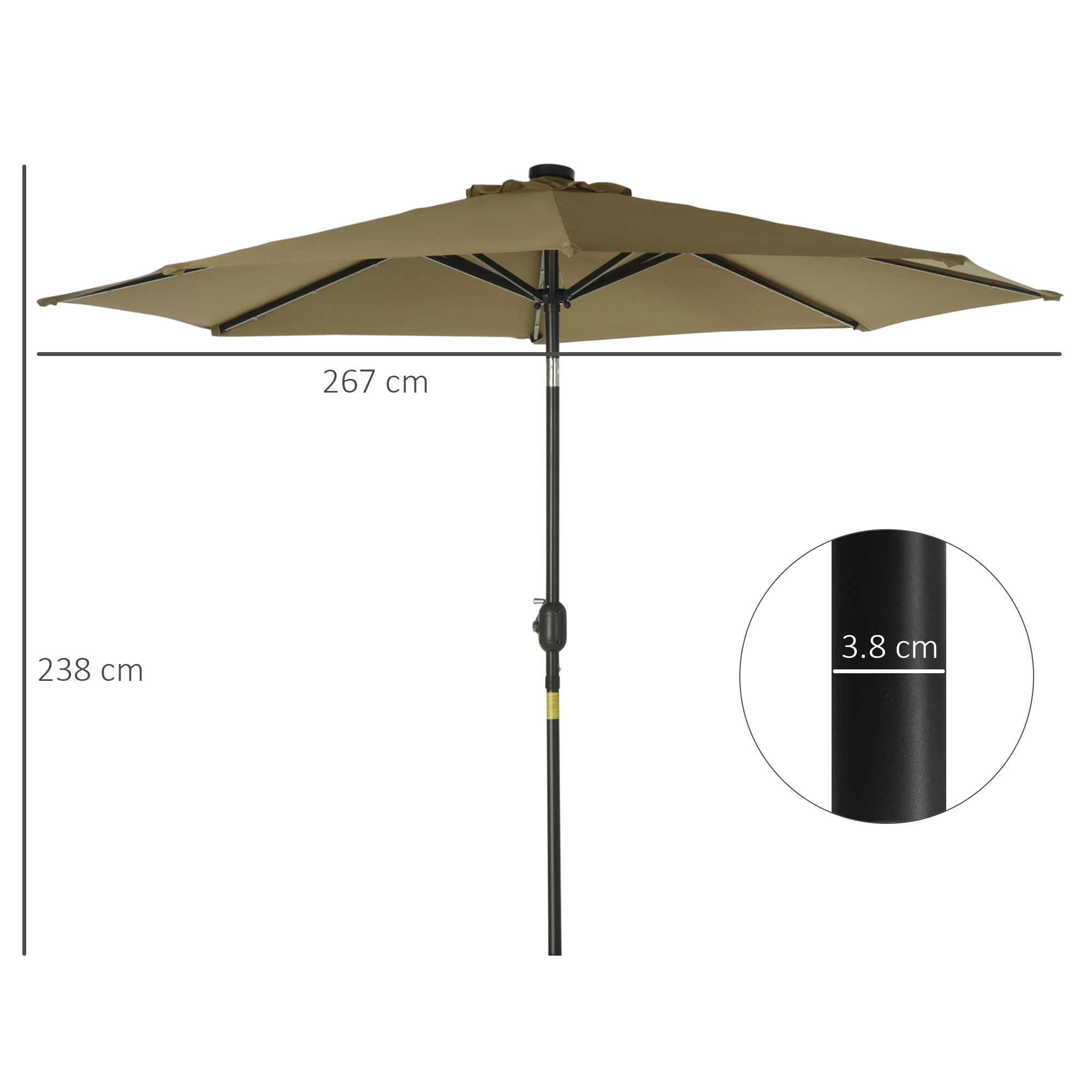 Outsunny 2.7m Patio Garden Umbrella Outdoor Parasol with Tilt Crank and 24 LEDs Lights (Brown) - North Peak Garden Furniture