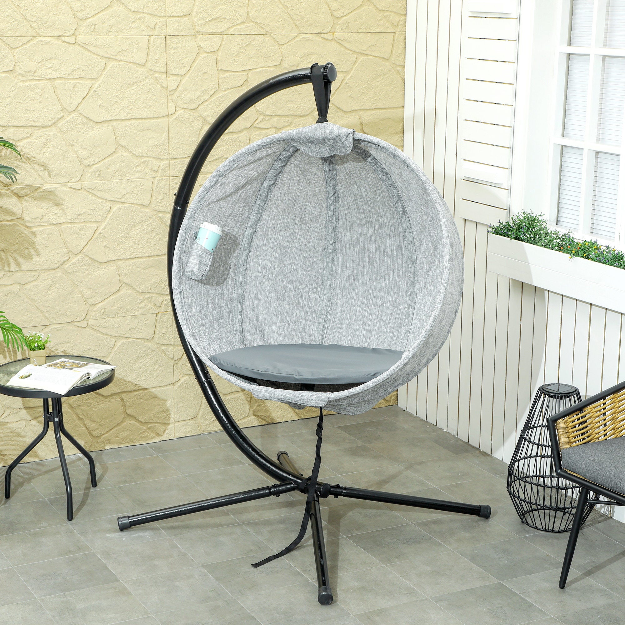 Outsunny Hanging Egg Chair Outdoor Indoor Garden Swing Chair with Folding Basket, Garden Hanging Chair with Stand, Thickened Cushion, Cup Holder for Patio, Balcony, Grey