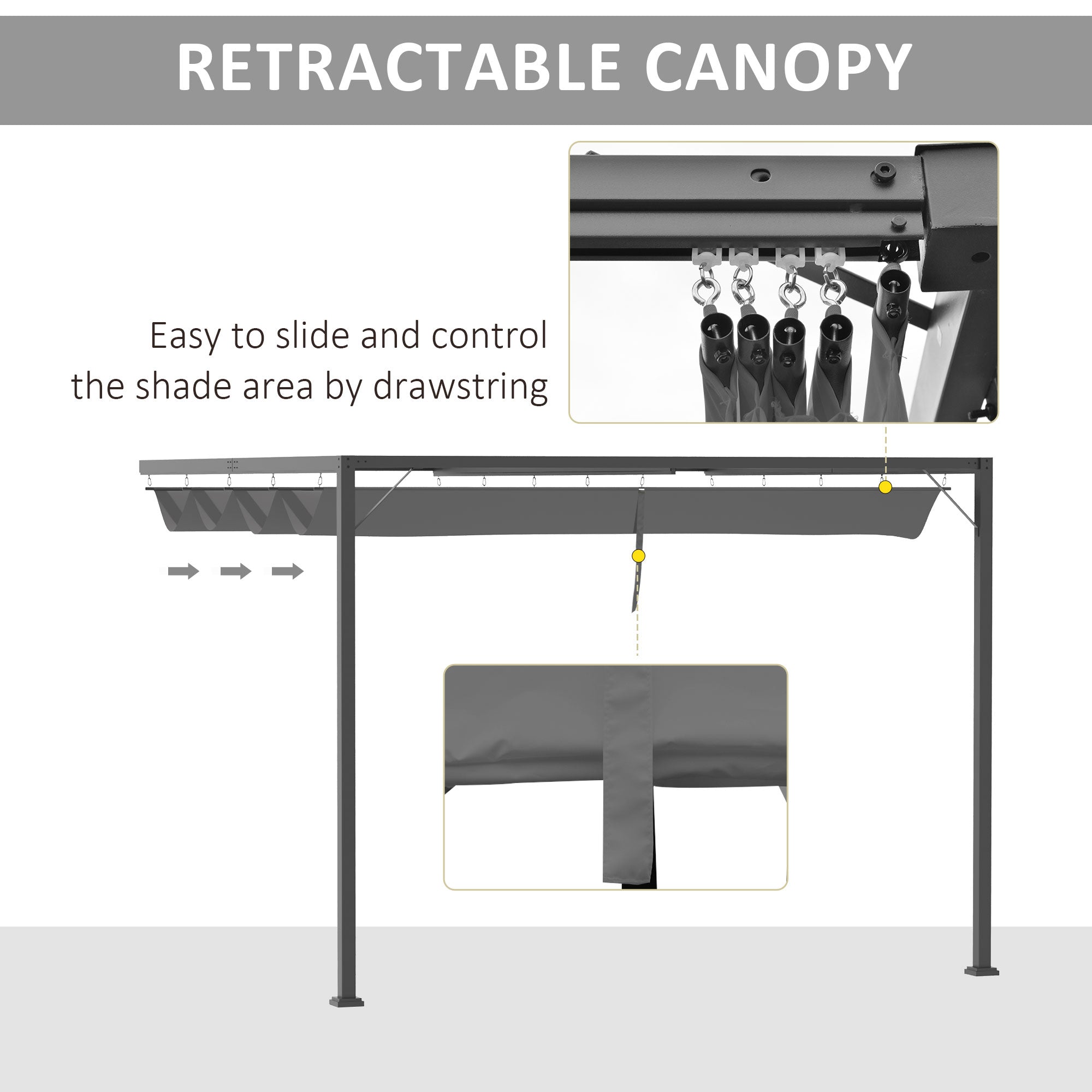 Outsunny 3 x 3(m) Outdoor Pergola Retractable Canopy Wall Mounted Gazebo Patio Shelter Sun Shade, Grey