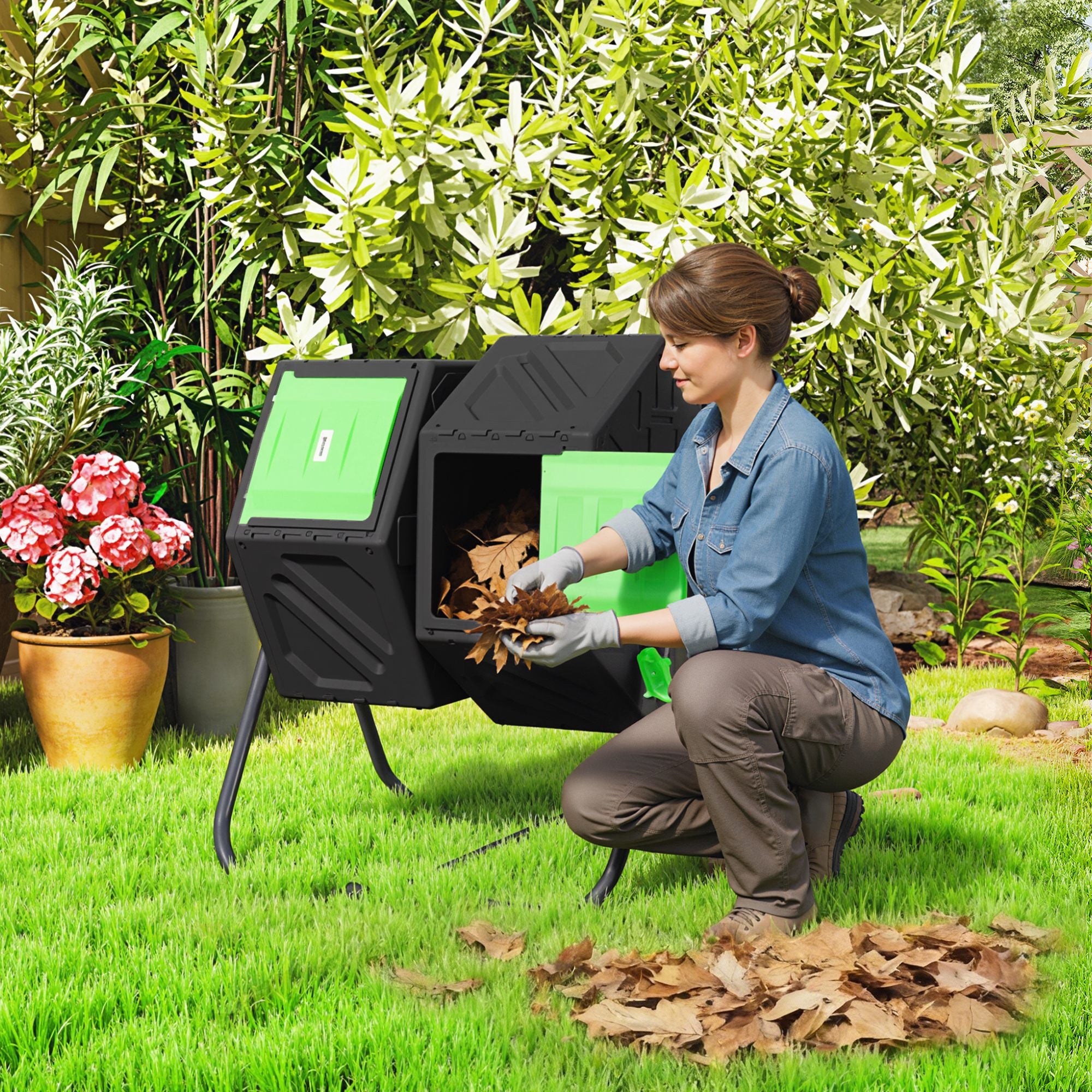 Outsunny Dual Chamber Garden Compost Bin, 130L Rotating Composter, Compost Maker with Ventilation Openings and Steel Legs