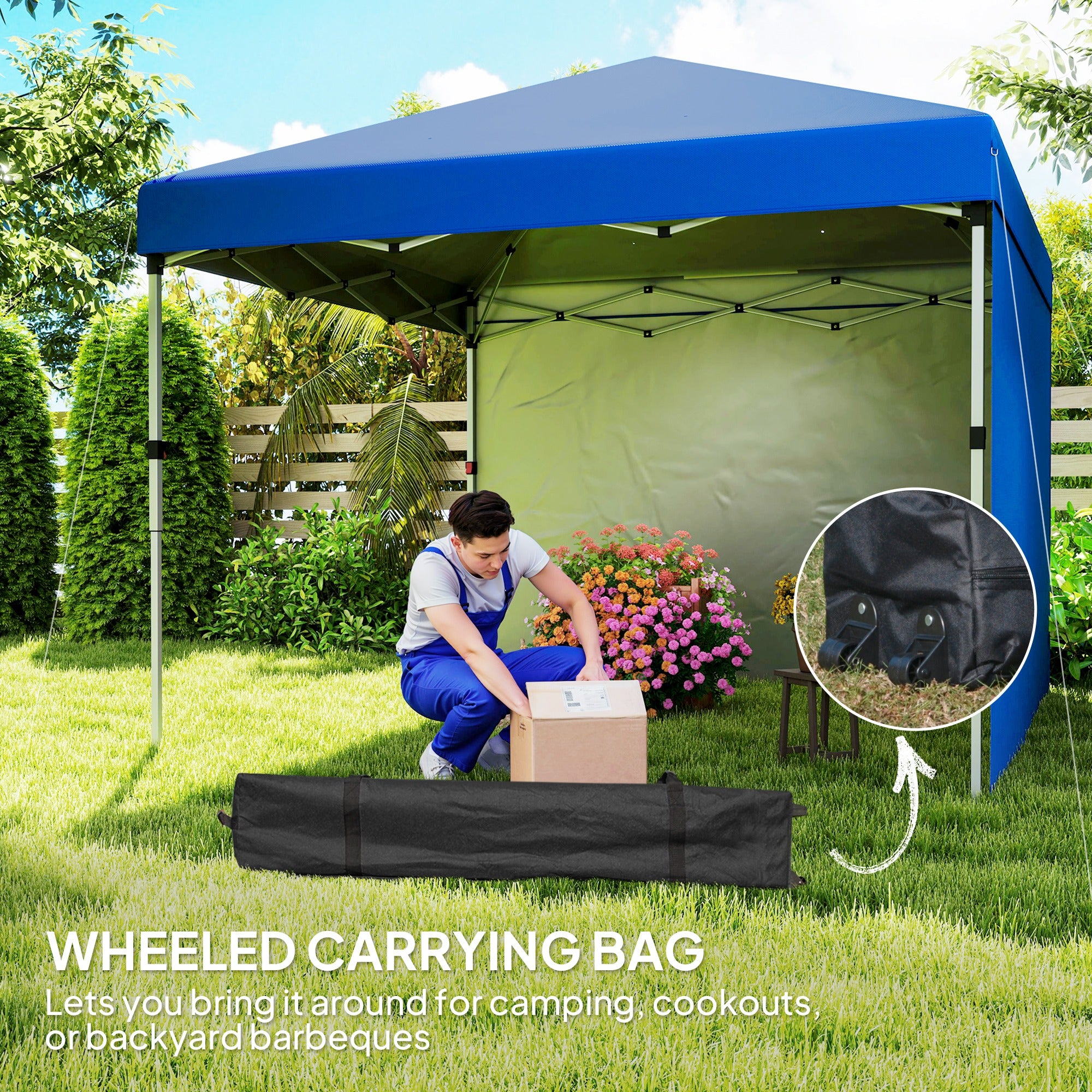 Outsunny 3 x 3 (M) Pop Up Gazebo, UPF 30+ with 2 Sidewalls, Leg Weight Bags and Wheeled Bag, Height Adjustable Party Tent Event Shelter for Garden, Patio, Blue - North Peak Garden Furniture