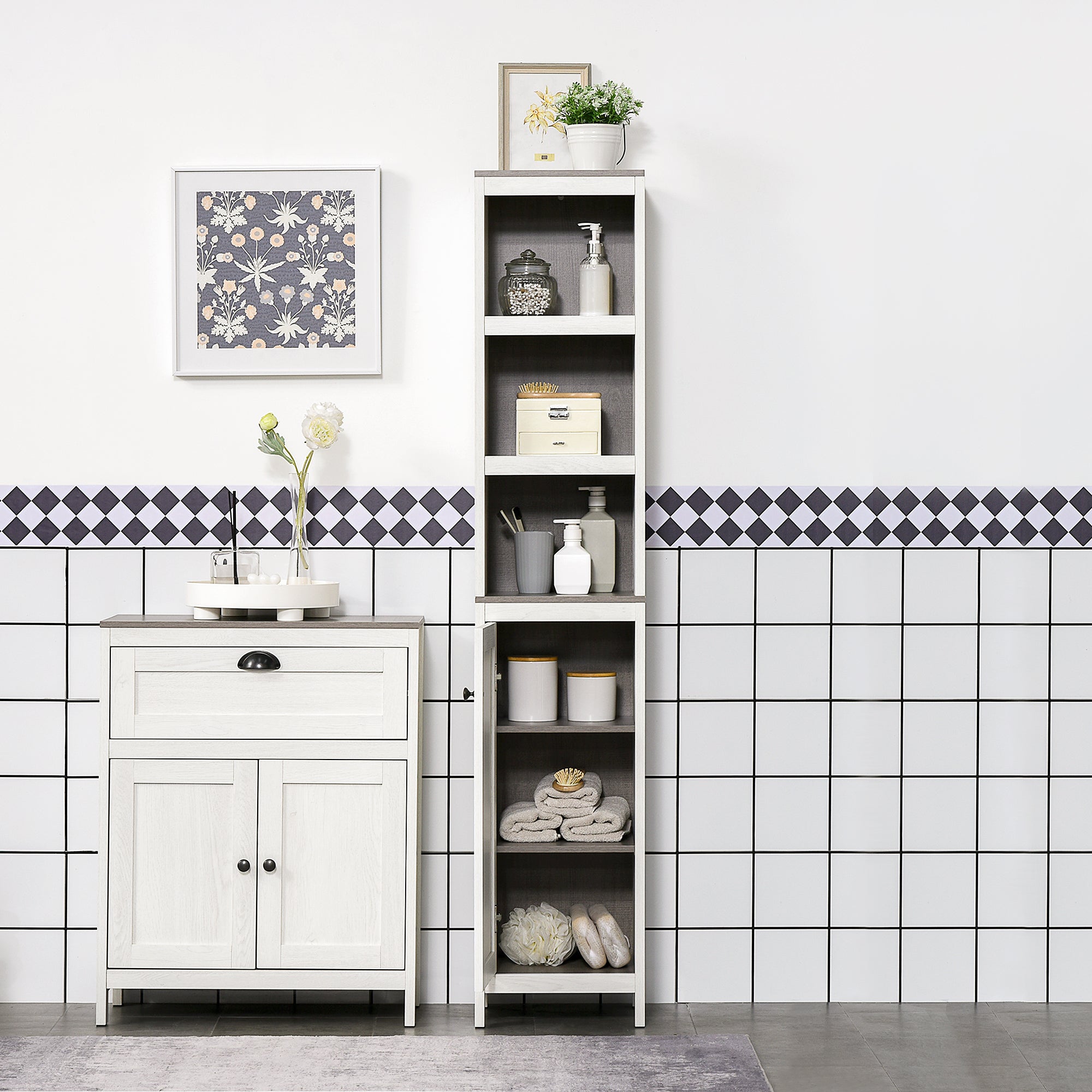 kleankin Bathroom Furniture Set with Adjustable Shelves, 6-Tier Tall Bathroom Storage Cabinet, Floor Cabinet with Drawer, Under Sink Cabinet, Antique White - North Peak Garden Furniture