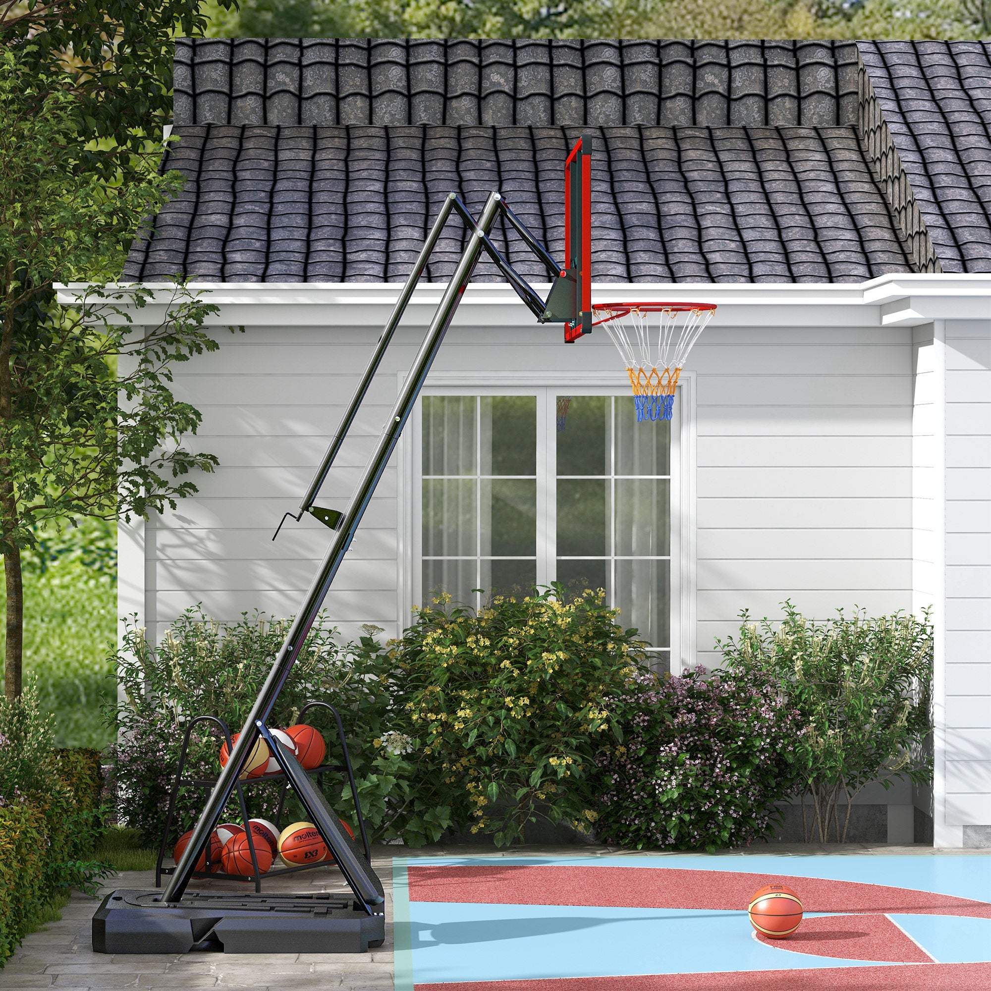 SPORTNOW 2.4-2.9m Adjustable Basketball Hoop and Stand with Weighted Base, Portable on Wheels, Red - North Peak Garden Furniture