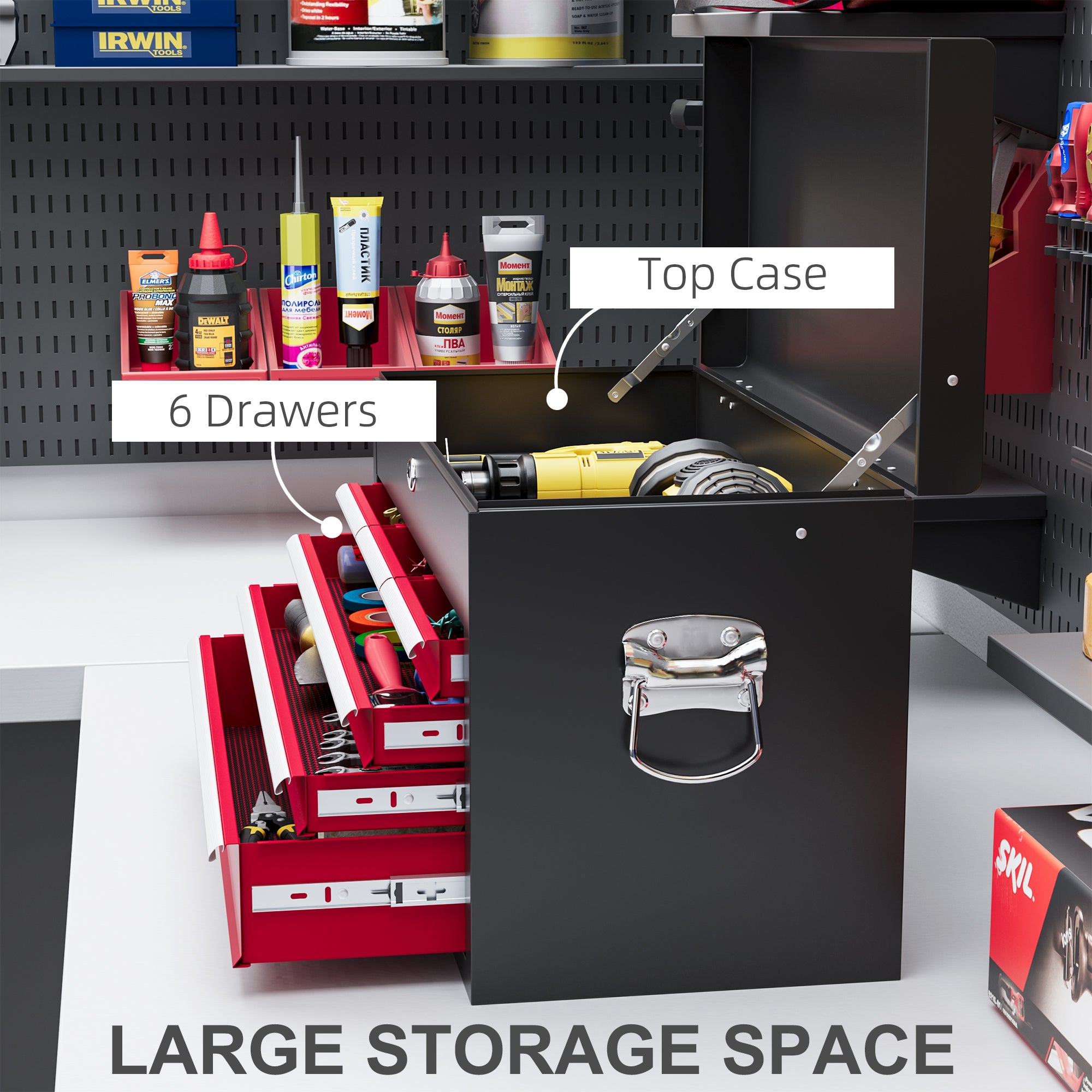 HOMCOM Steel Six Drawer Tool Storage Carry Chest, with Lock and Keys - Red - North Peak Garden Furniture