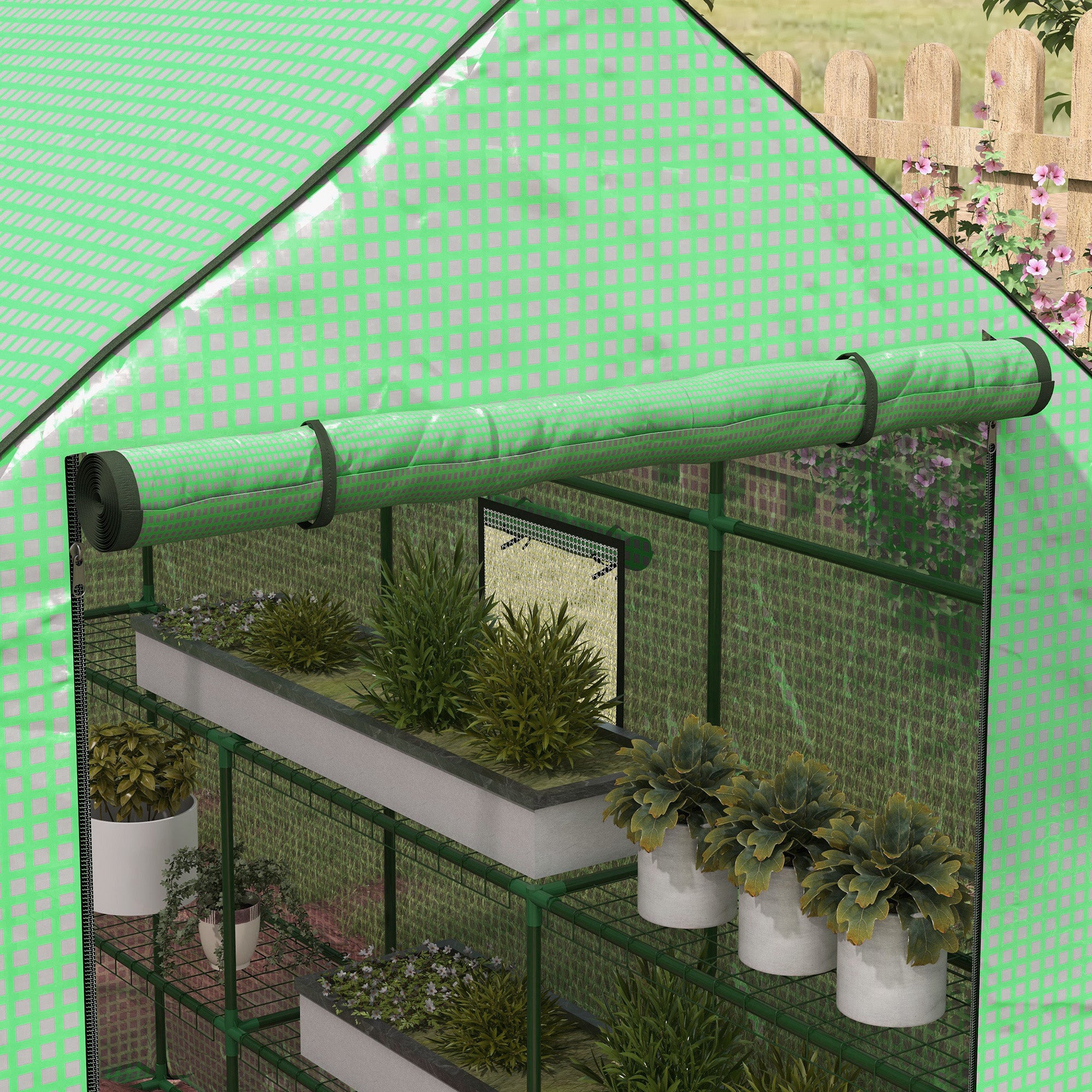 Outsunny Walk-in Greenhouse with 3 Tier Shelves, Outdoor Green House Garden Grow House with Reinforced PE Cover, Roll-up Door and Mesh Windows, 140 x 213 x 190cm, Green