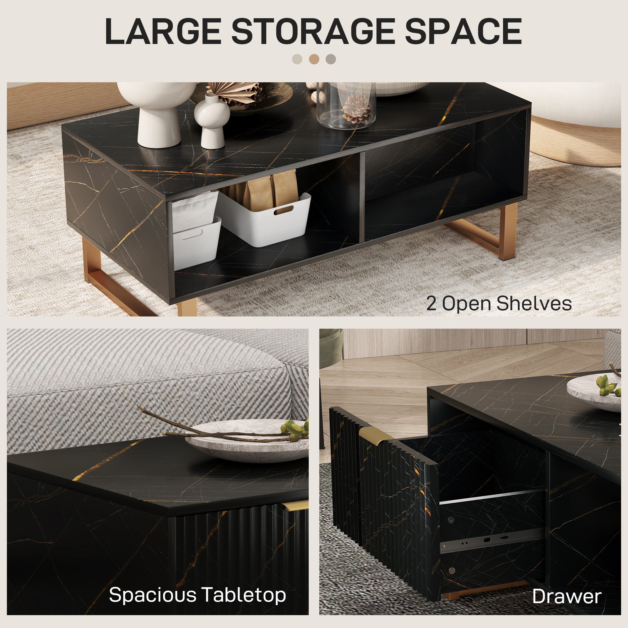 HOMCOM Elegant Marble Effect Storage Coffee Table - Black - North Peak Garden Furniture
