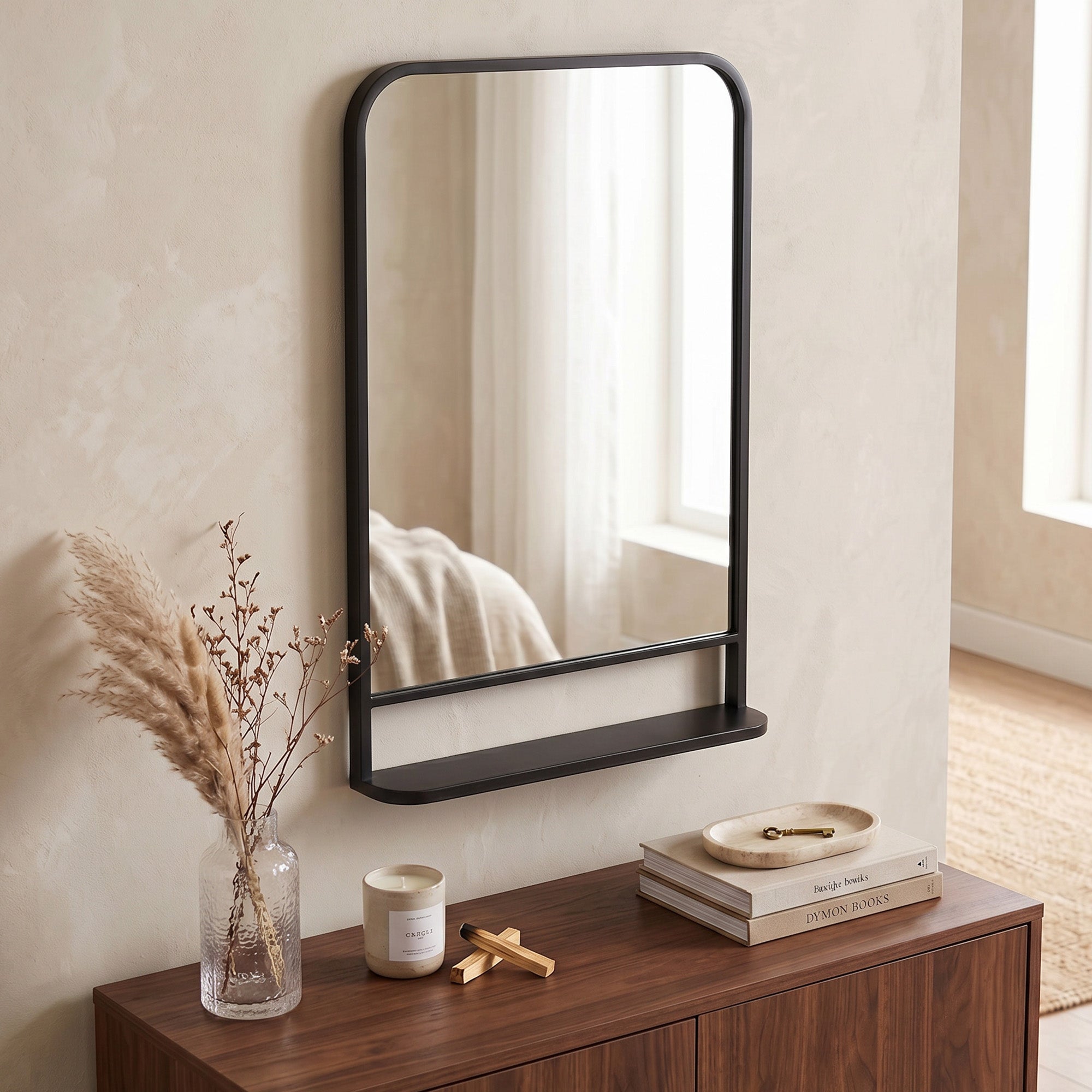 HOMCOM Modern Square Wall Mirror with Storage Shelf, 86 x 53 Mirrors for Living Room, Bedroom, Black