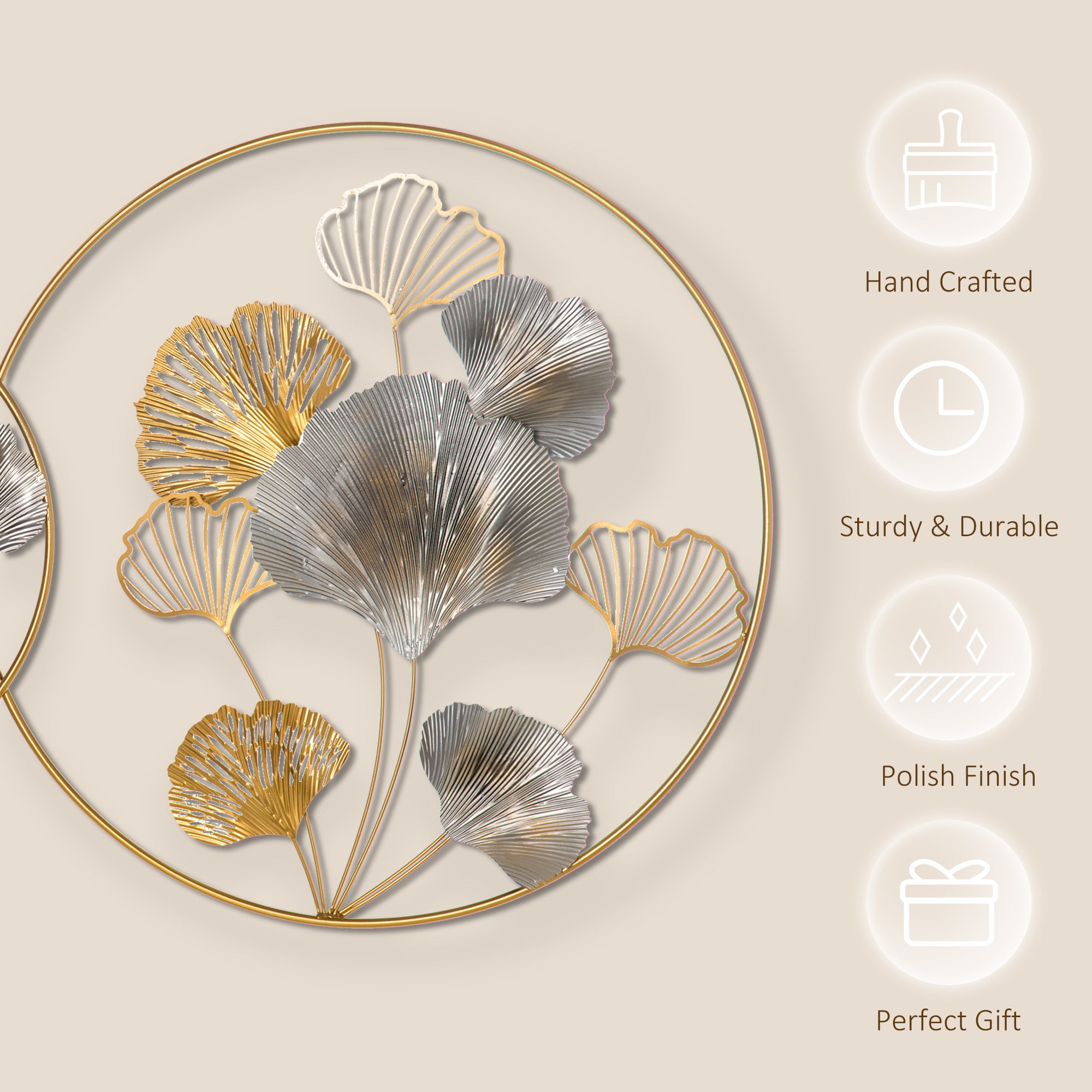 HOMCOM 3D Metal Wall Art Modern Ginkgo Leaves Hanging Wall Sculptures Home Decor for Living Room Bedroom Dining Room, Gold - North Peak Garden Furniture