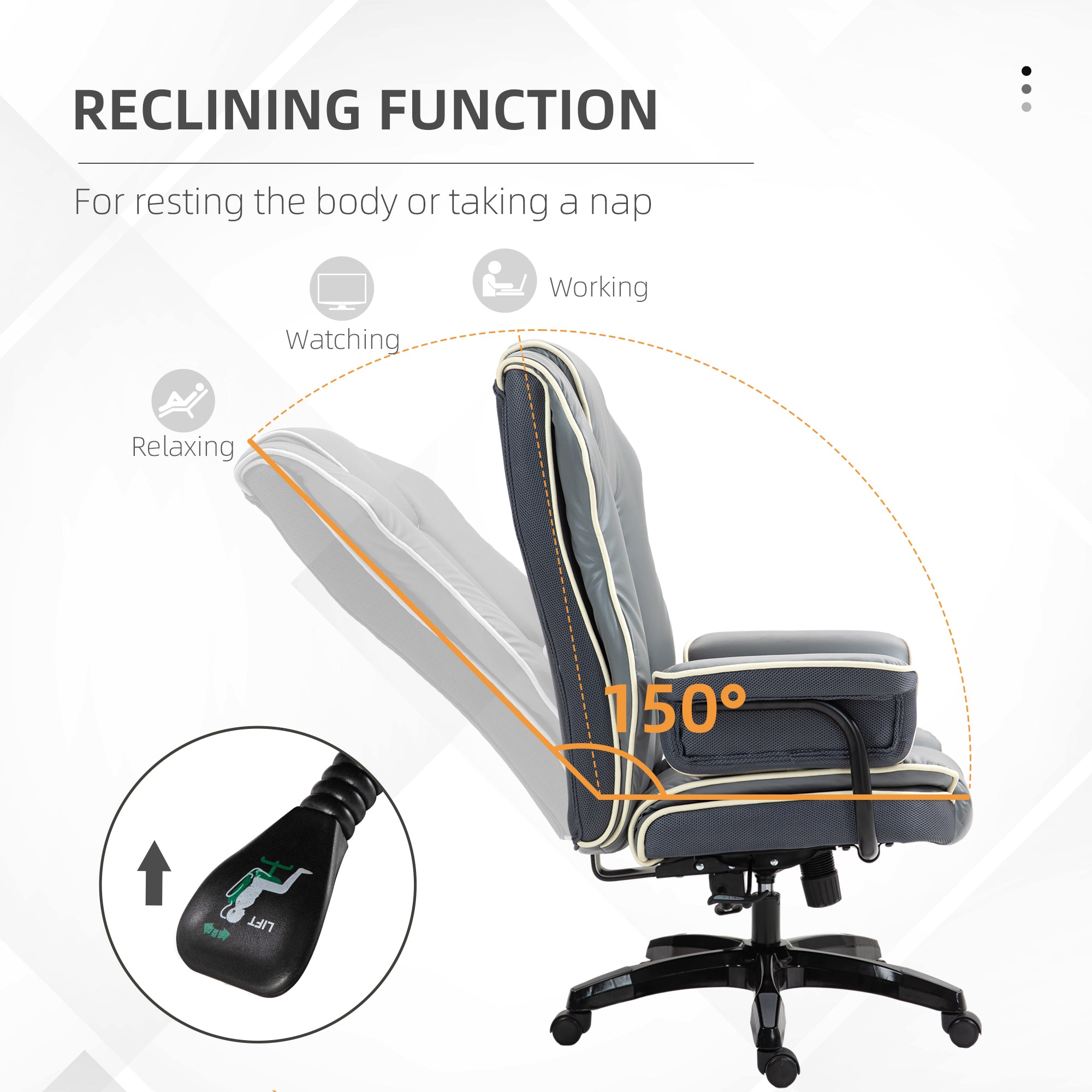 Vinsetto High Back Office Chair, PU Leather Desk Chair, Reclining Swivel Computer Chair for Home, Grey - North Peak Garden Furniture