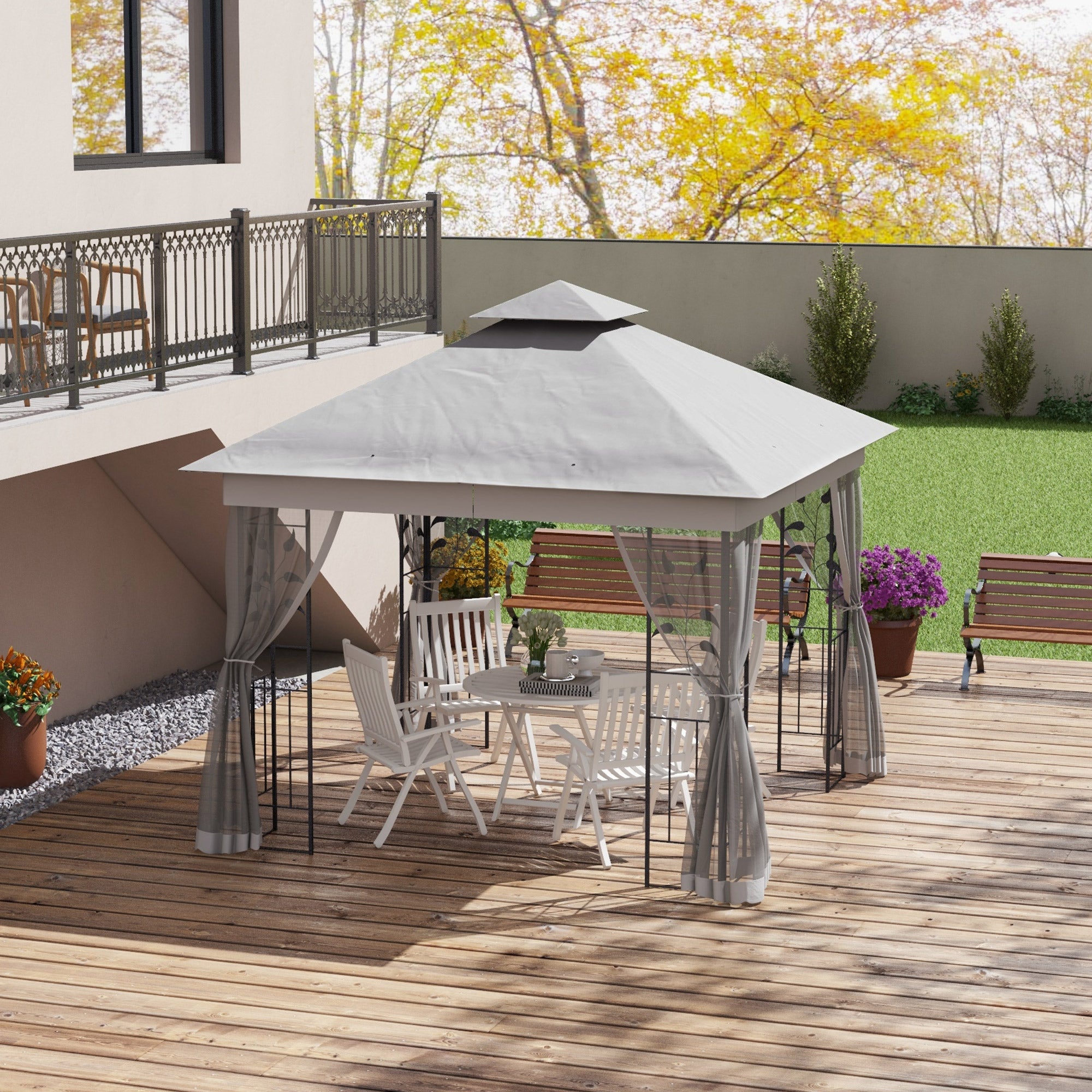 Outsunny 3(m) x 3(m) Double Roof Outdoor Garden Gazebo Canopy Shelter with Netting, Solid Steel Frame, Light Grey - North Peak Garden Furniture