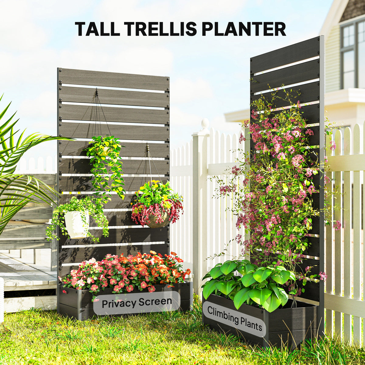Outsunny Raised Bed for Garden, Planter with Trellis for Climbing Plants, Vines, Planter Box with Drainage Gap, Black