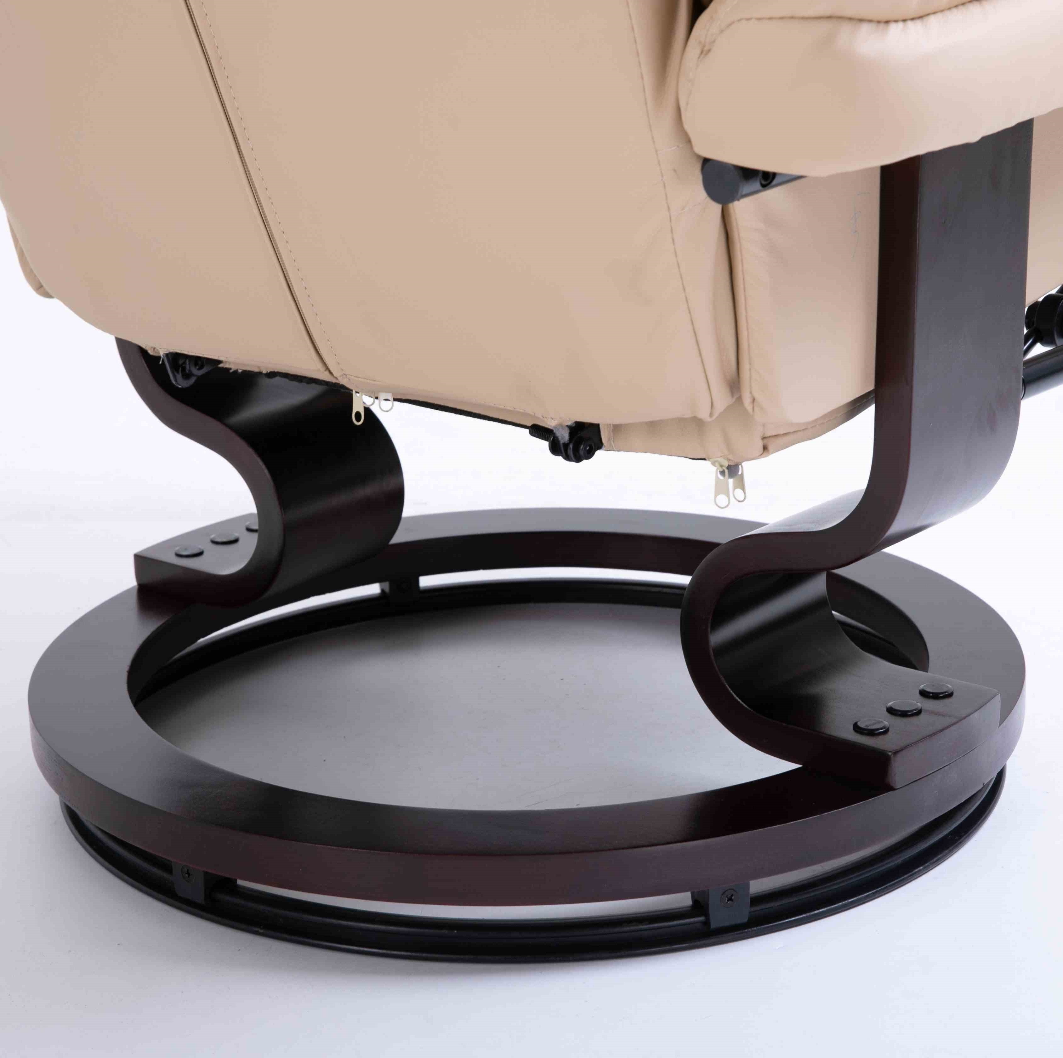 HOMCOM Faux Leather Recliner Chair and Footstool, Swivel Upholstered Armchair and Footstool with Adjustable Backrest, Solid Wood Base for Living Room, Cream