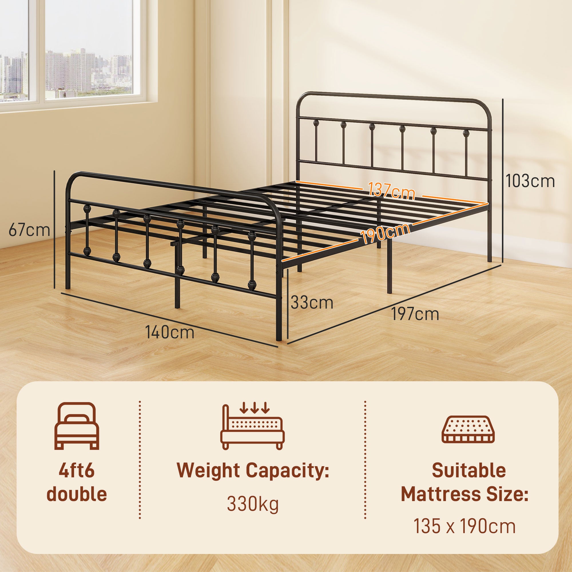 HOMCOM Double Minimalistic Metal Bed Frame - Black - North Peak Garden Furniture