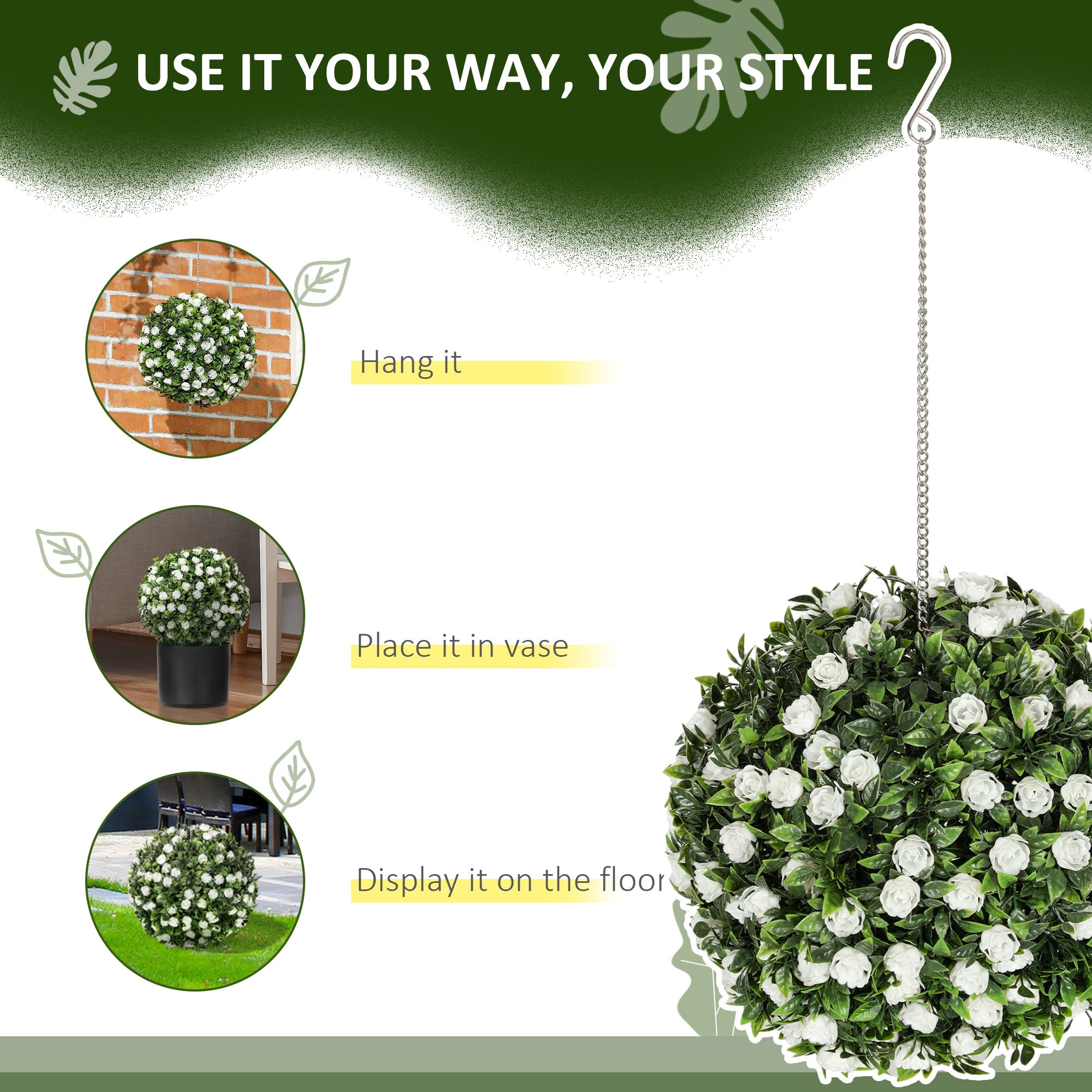 HOMCOM Set of 2 Decorative Artificial Plants, UV-protected Artificial Plant Topiary Rose Balls, Fake Plants for Home Indoor outdoor Decor, 28cm, White - North Peak Garden Furniture