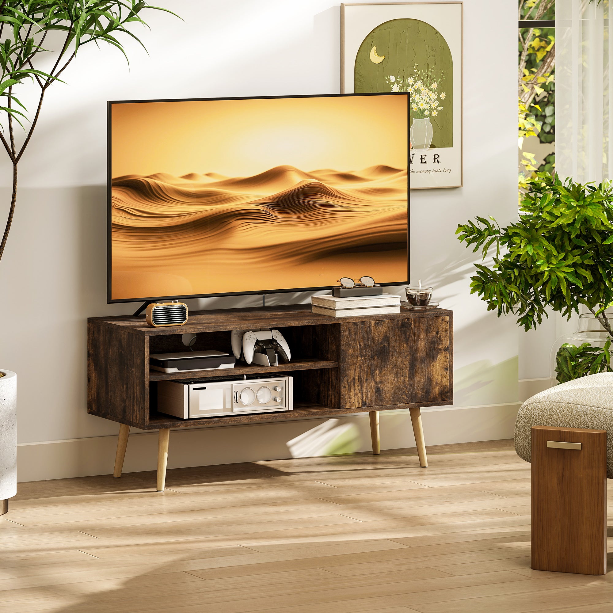 HOMCOM TV Stand up to 55 Inches, TV Unit with Open Shelves and Cable Holes - Brown - North Peak Garden Furniture