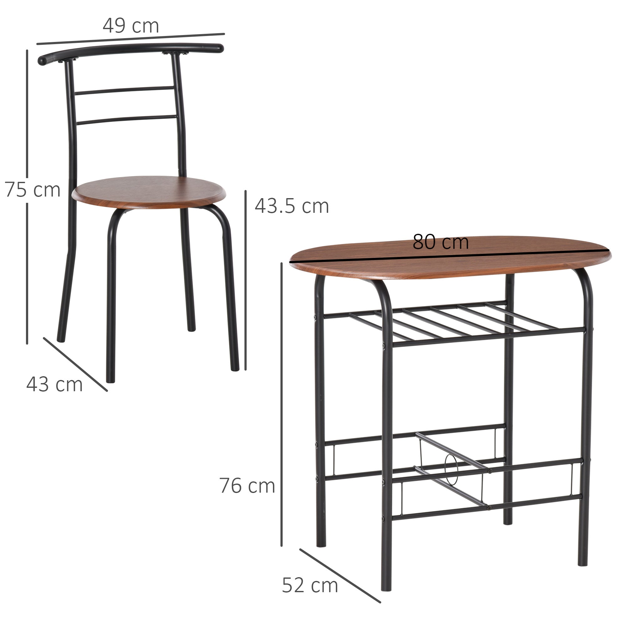HOMCOM 3-Piece Dining Table Set , Metal Frame Wood Top Breakfast Bar Table Set for 2, Dining Table w/Storage Shelf & 2 chairs - North Peak Garden Furniture