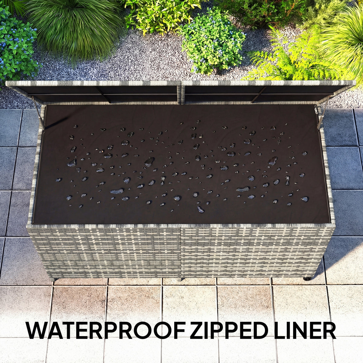 Outsunny 650L Garden Storage Box with 2 Wheels, Rattan Deck Box with Waterproof Zipped Liner, Safe Pneumatic Rods, Mixed Grey