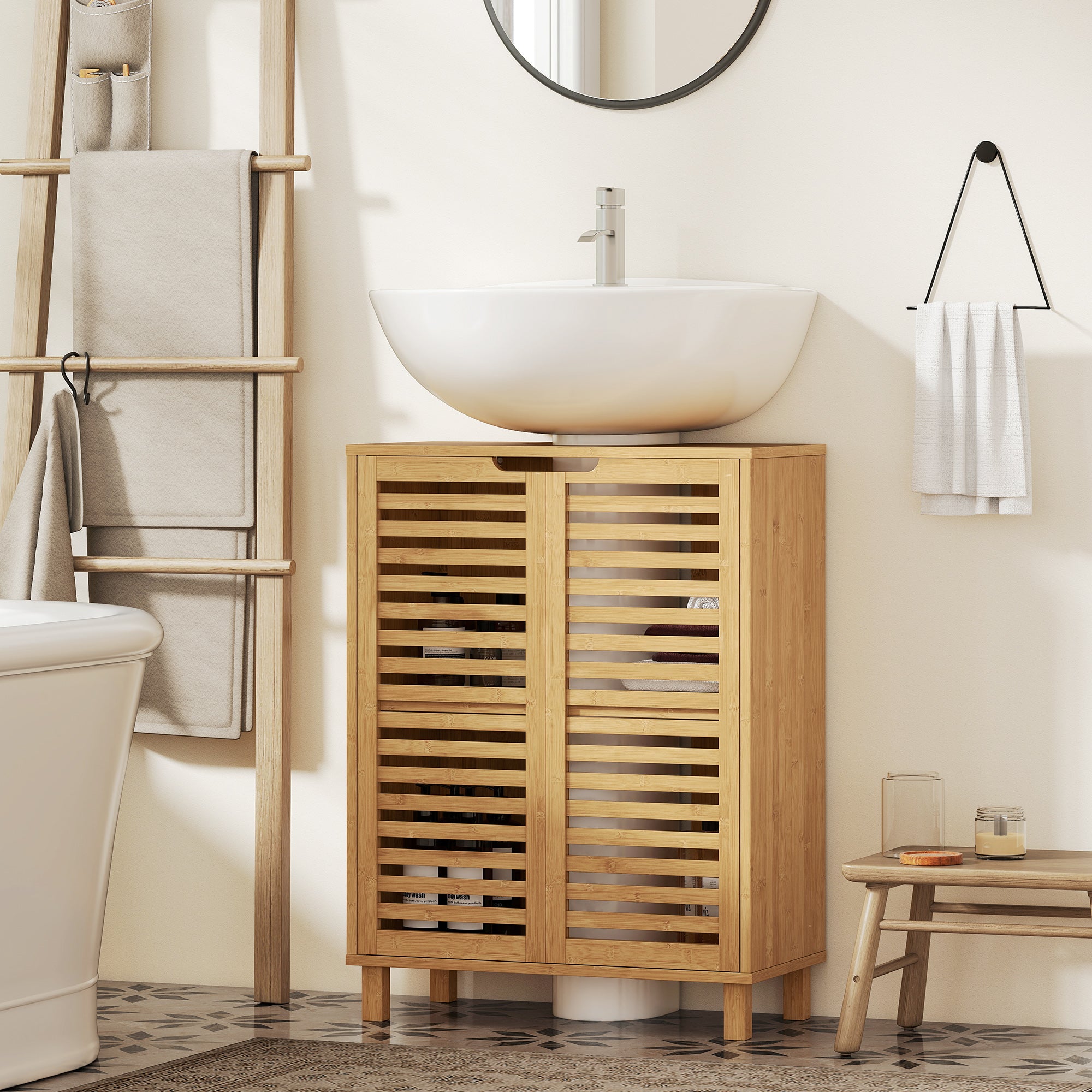 HOMCOM Under Sink Bathroom Cabinet, Freestanding Under Sink Cabinet with Louvered Doors and Adjustable Shelf, Natural