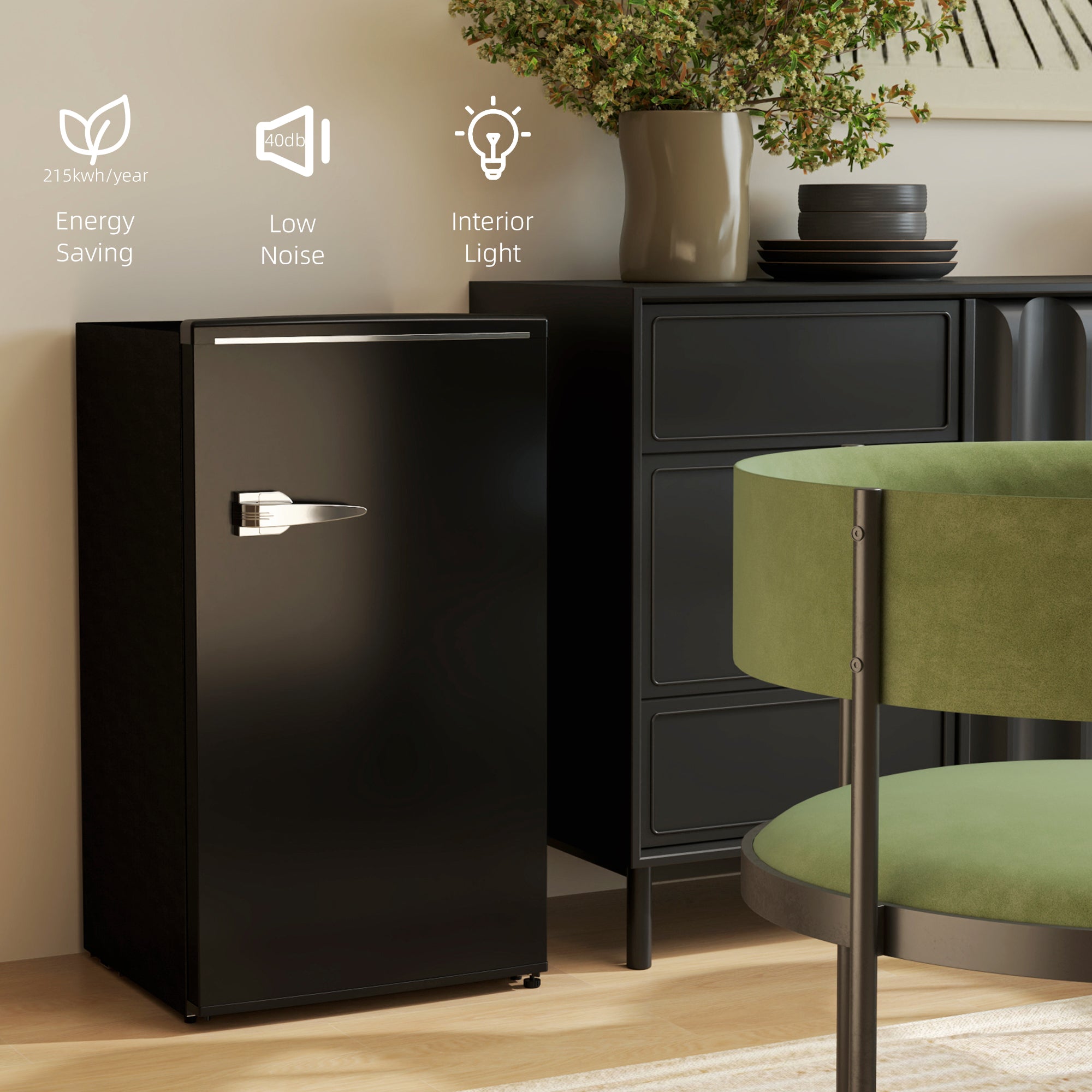 HOMCOM Under Counter Fridge, 85L Small Retro Refrigerator with Chiller Box, Adjustable Thermostat, Glass Shelves, Black - North Peak Garden Furniture