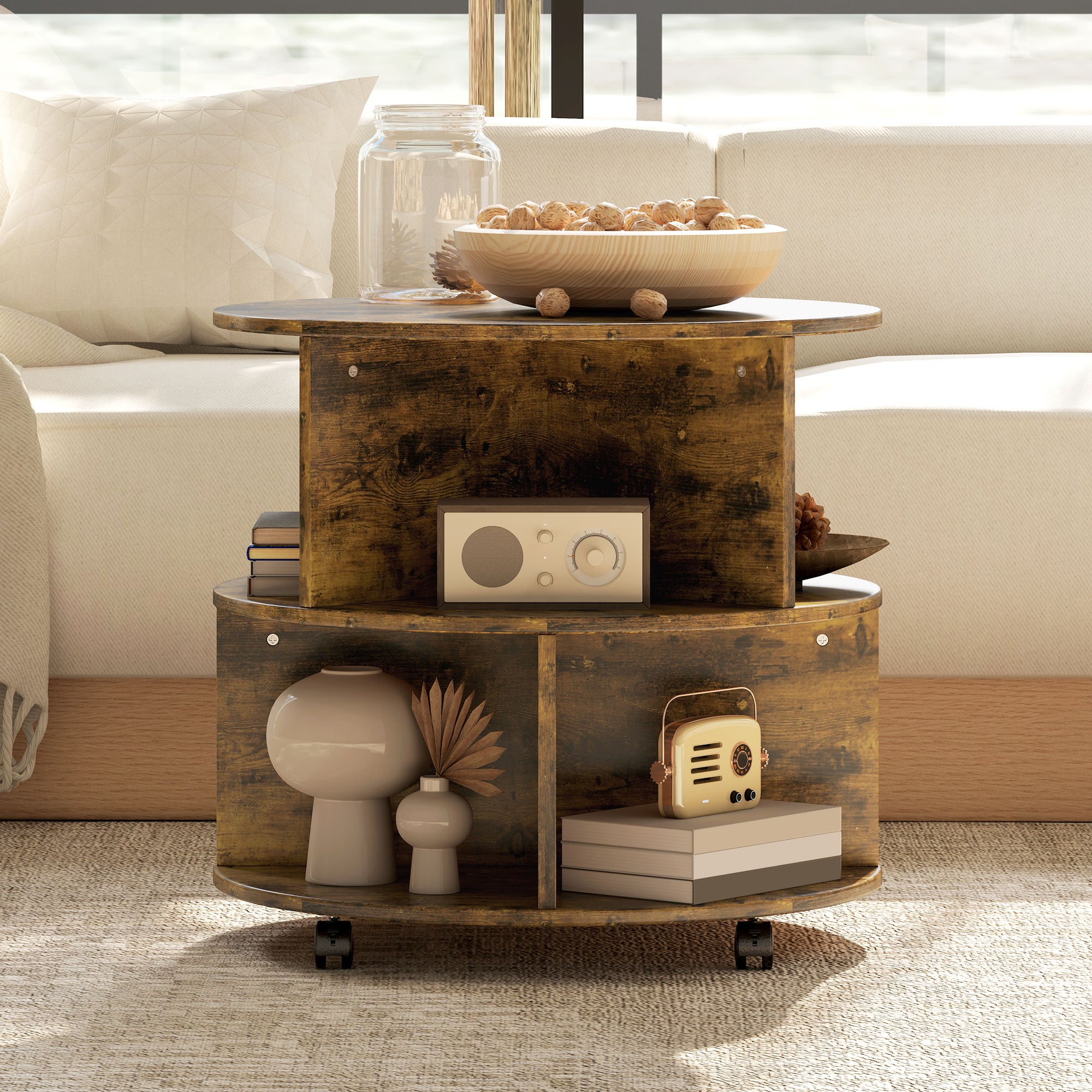 HOMCOM Round Coffee Table with Wheels, 3-Tier Rolling Side Table for Living Room with Divided Shelves, Rustic Brown - North Peak Garden Furniture