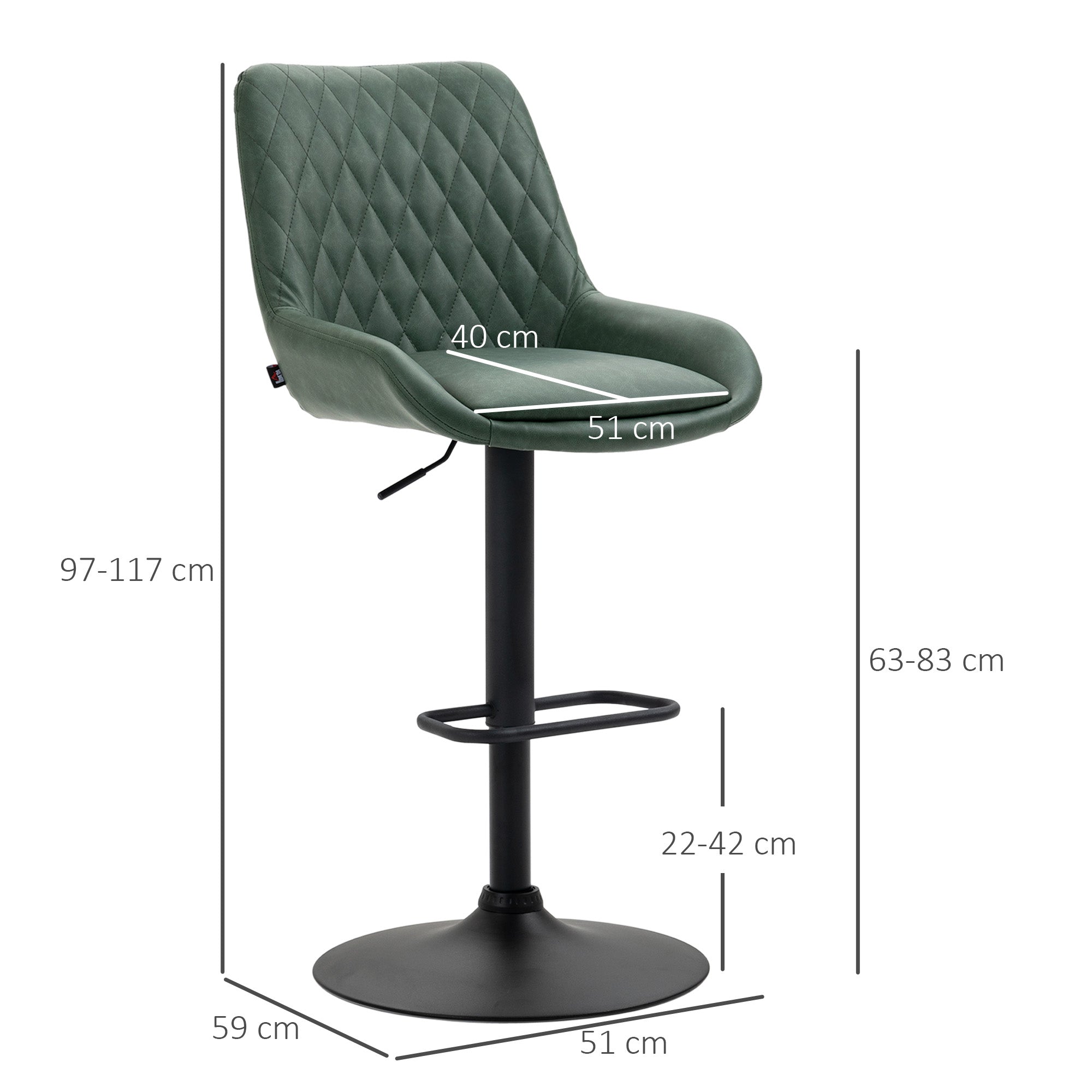 HOMCOM Retro Bar Stools Set of 2, Adjustable Kitchen Stool, Upholstered Bar Chairs with Back, Swivel Seat, Green - North Peak Garden Furniture
