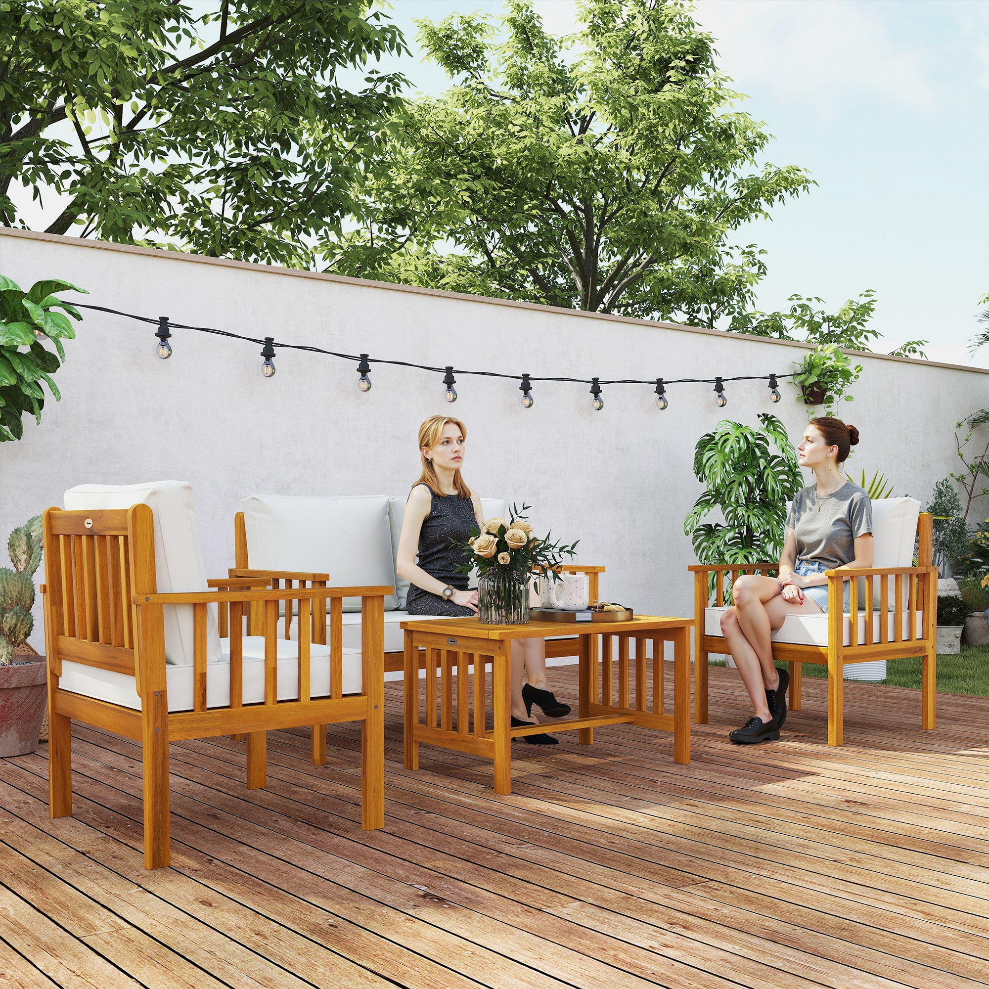 Outsunny Four-Piece Acacia Wood Garden Sofa Set - Teak/Cream - North Peak Garden Furniture