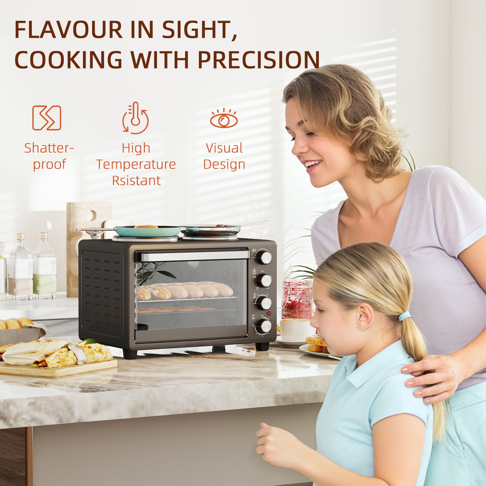 HOMCOM 28L Mini Oven with 2 Hot Plates, Countertop Toaster Oven, Grill, Roast, Bake, Boil, with Timer, Adjustable Temperature, Electric Oven with Baking Tray, Grill Rack, Crumb Tray, 2600W, Black - North Peak Garden Furniture