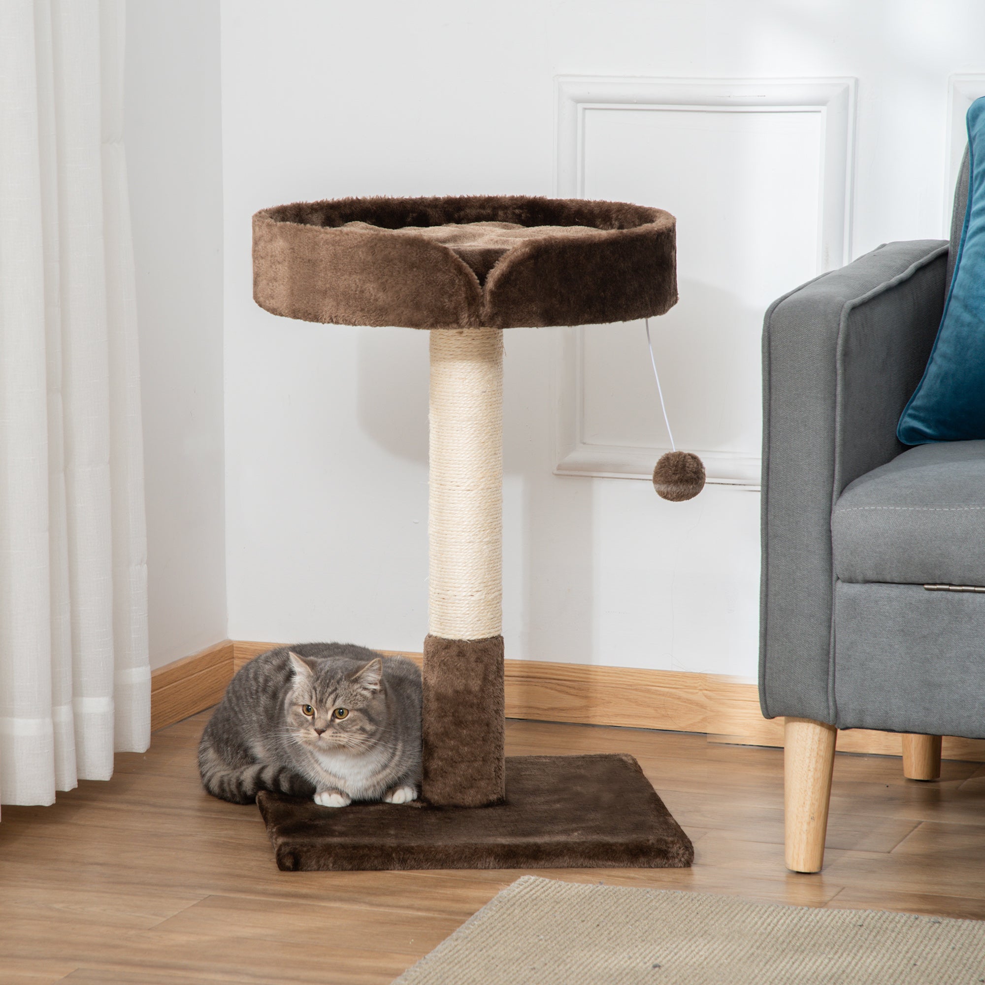 PawHut Small Cat Tree for Indoor Cats with Sisal Scratching Post Kitten Bed Cushion Ball Toy, Brown, 45x45x70 cm - North Peak Garden Furniture