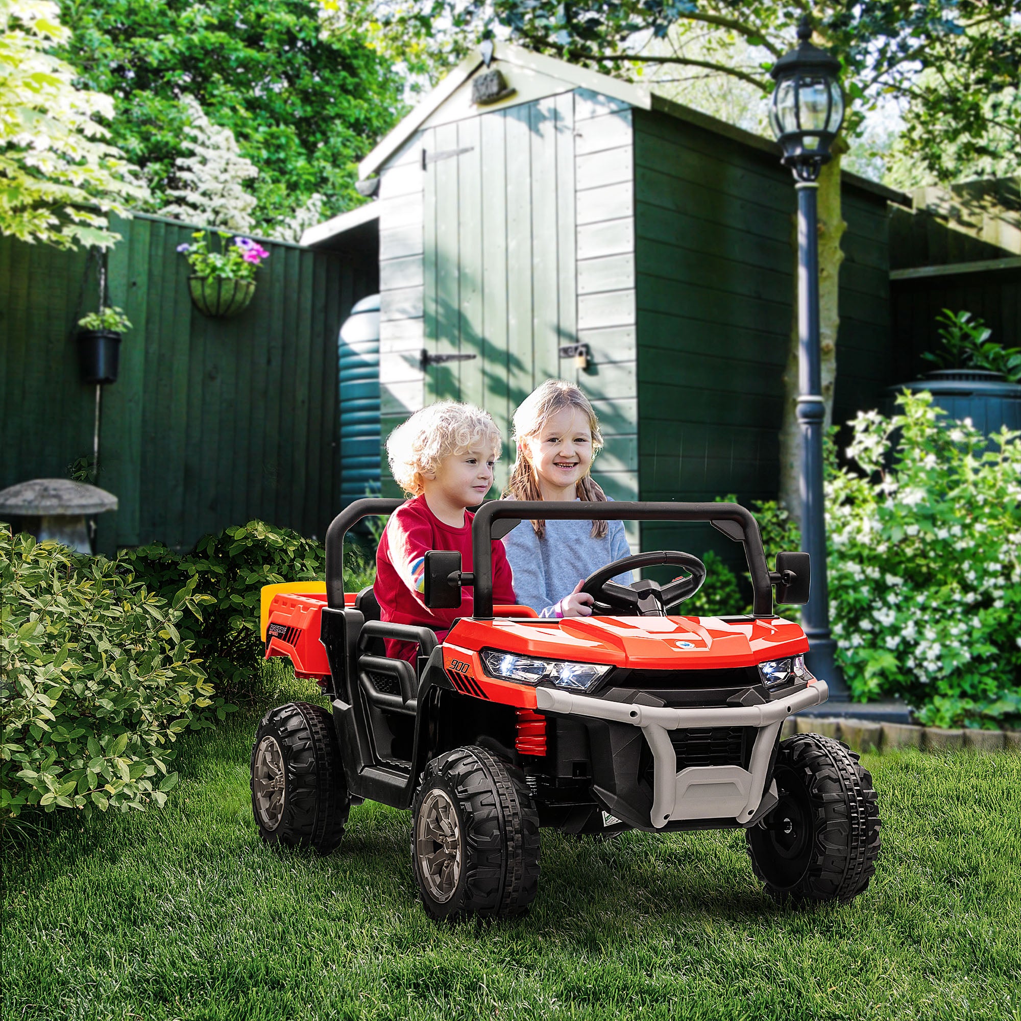 HOMCOM 12V 2 Seater Kids Electric Ride-On Car with Electric Bucket, Remote Control - Red - North Peak Garden Furniture