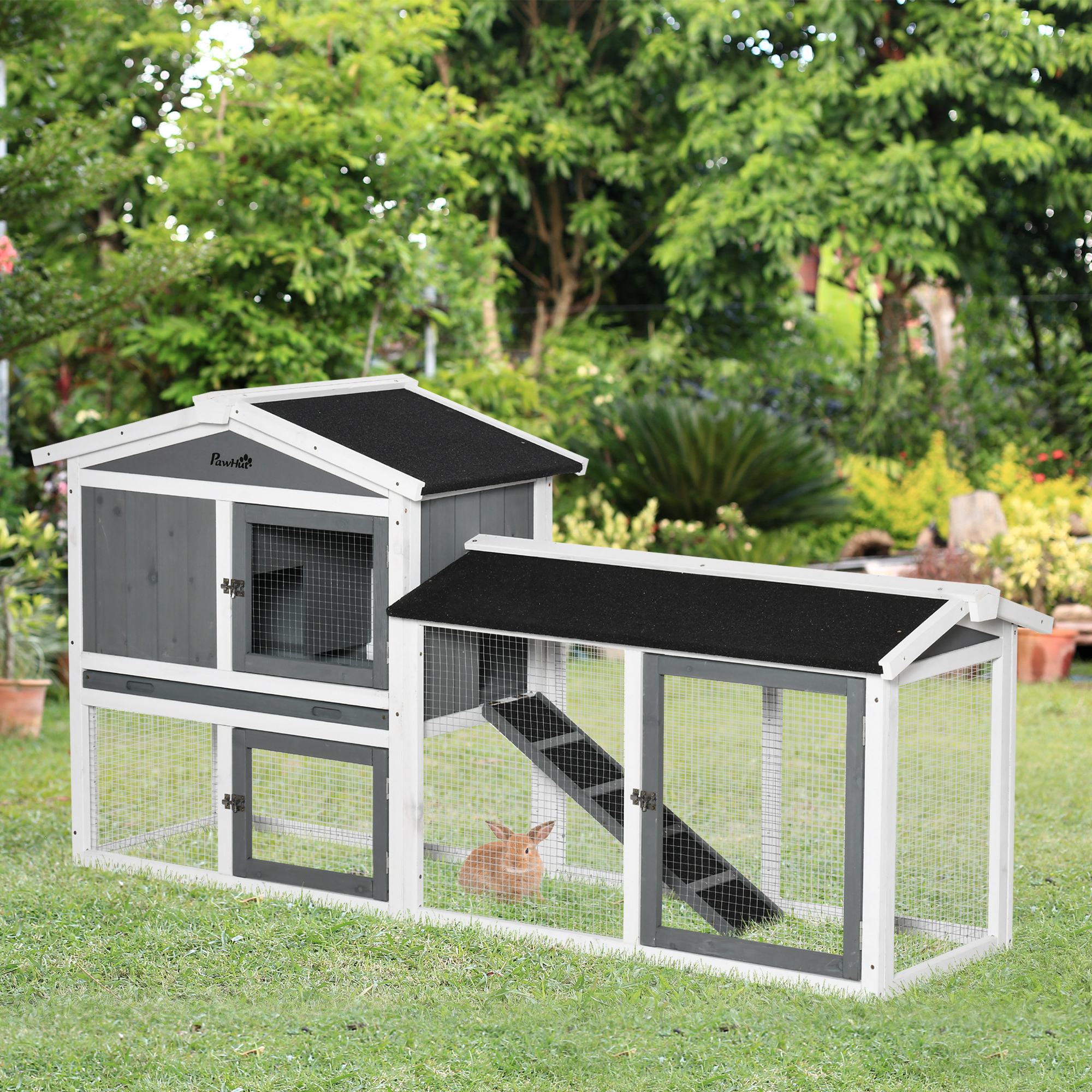 PawHut Rabbit Hutch Outdoor, 2-Tier Guinea Pig Hutch, Wooden Small Animal House with Rabbit Run Box, Slide-out Tray, Ramp, 175.8 x 52 x 85.5 cm, White - North Peak Garden Furniture
