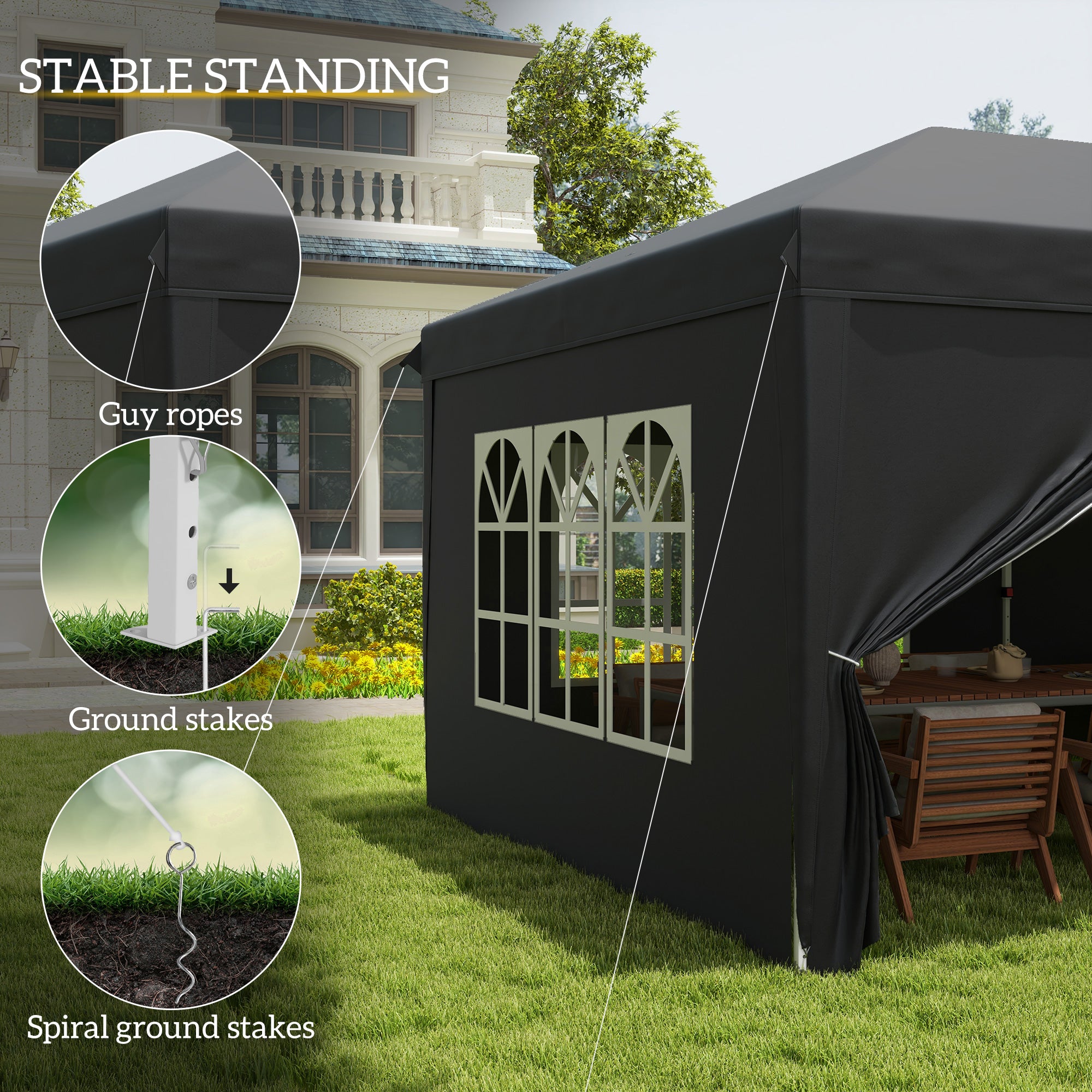 Outsunny 3 x 6 m Pop Up Gazebo with Sides and Windows, Height Adjustable Party Tent with Storage Bag for Garden, Camping, Event, Black - North Peak Garden Furniture