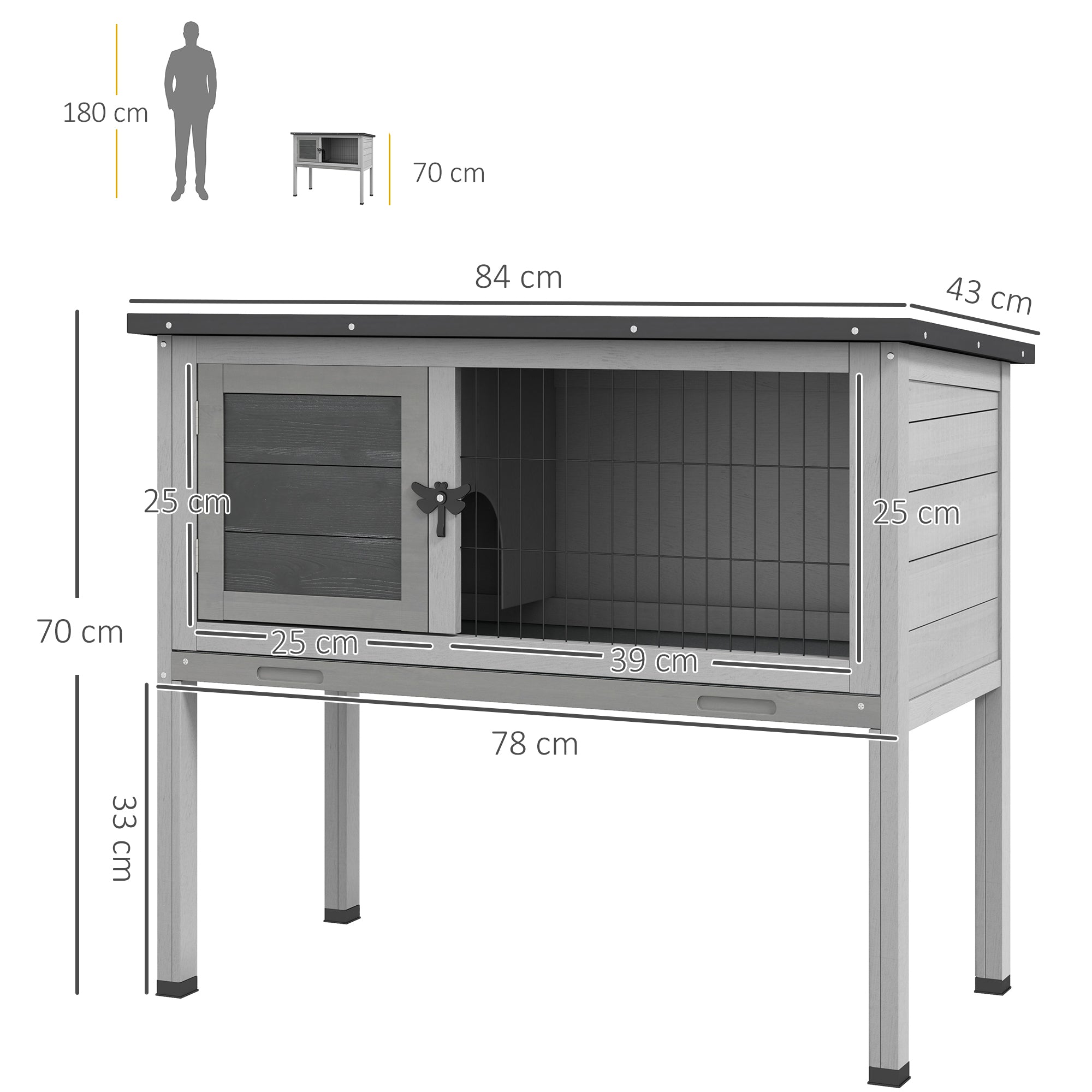PawHut Wooden Guinea Pig Hutch, Small Animal Cage with Slide-out Tray, Openable Asphalt Roof, 84 x 43 x 70cm, Grey - North Peak Garden Furniture