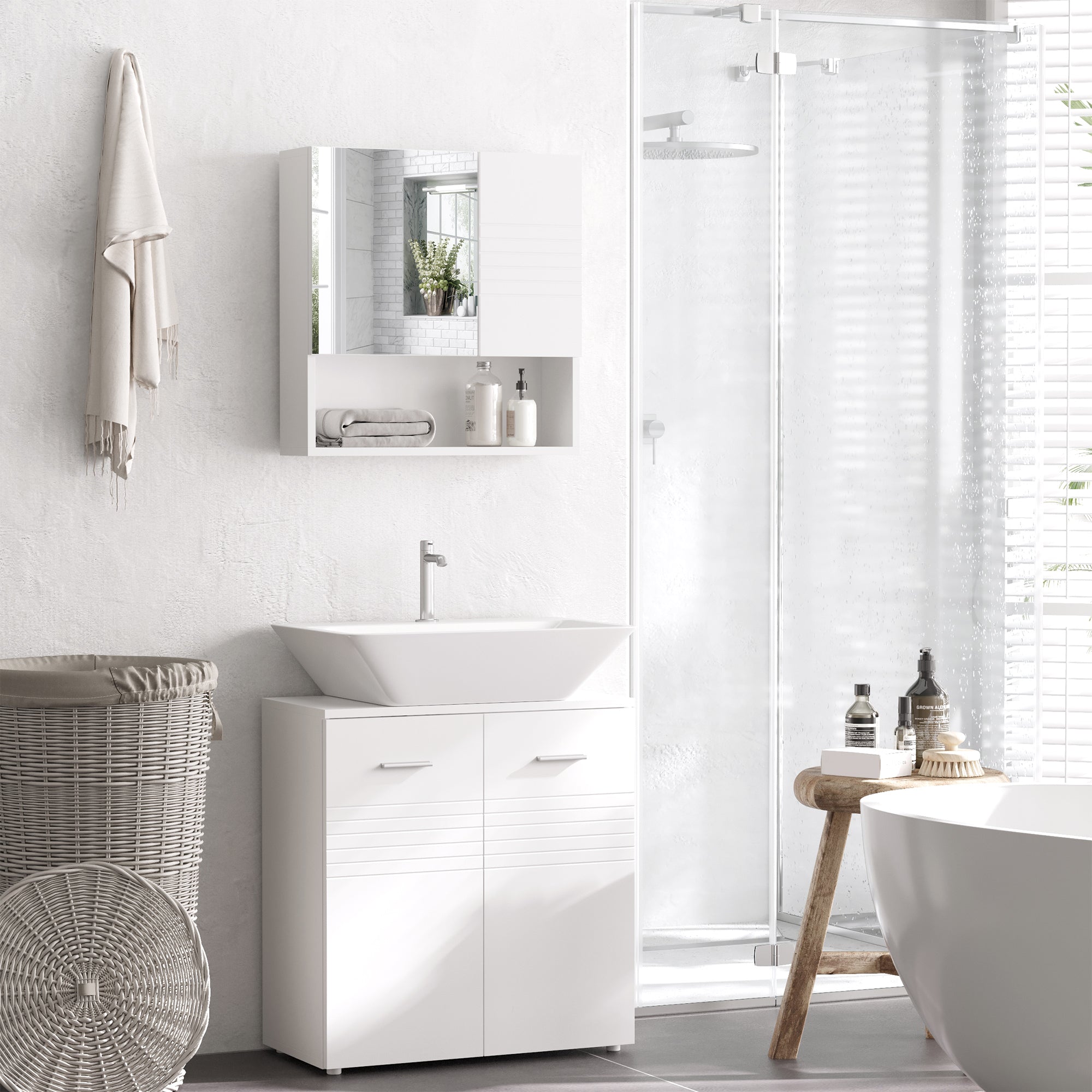 kleankin Bathroom Mirror Cabinet Wall-Mounted Storage w/ Double Door Adjustable Shelf - White - North Peak Garden Furniture